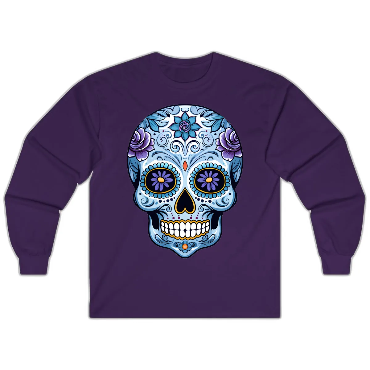 Ornate Blue and Purple Floral Calavera Sugar Skull Long Sleeve in Purple