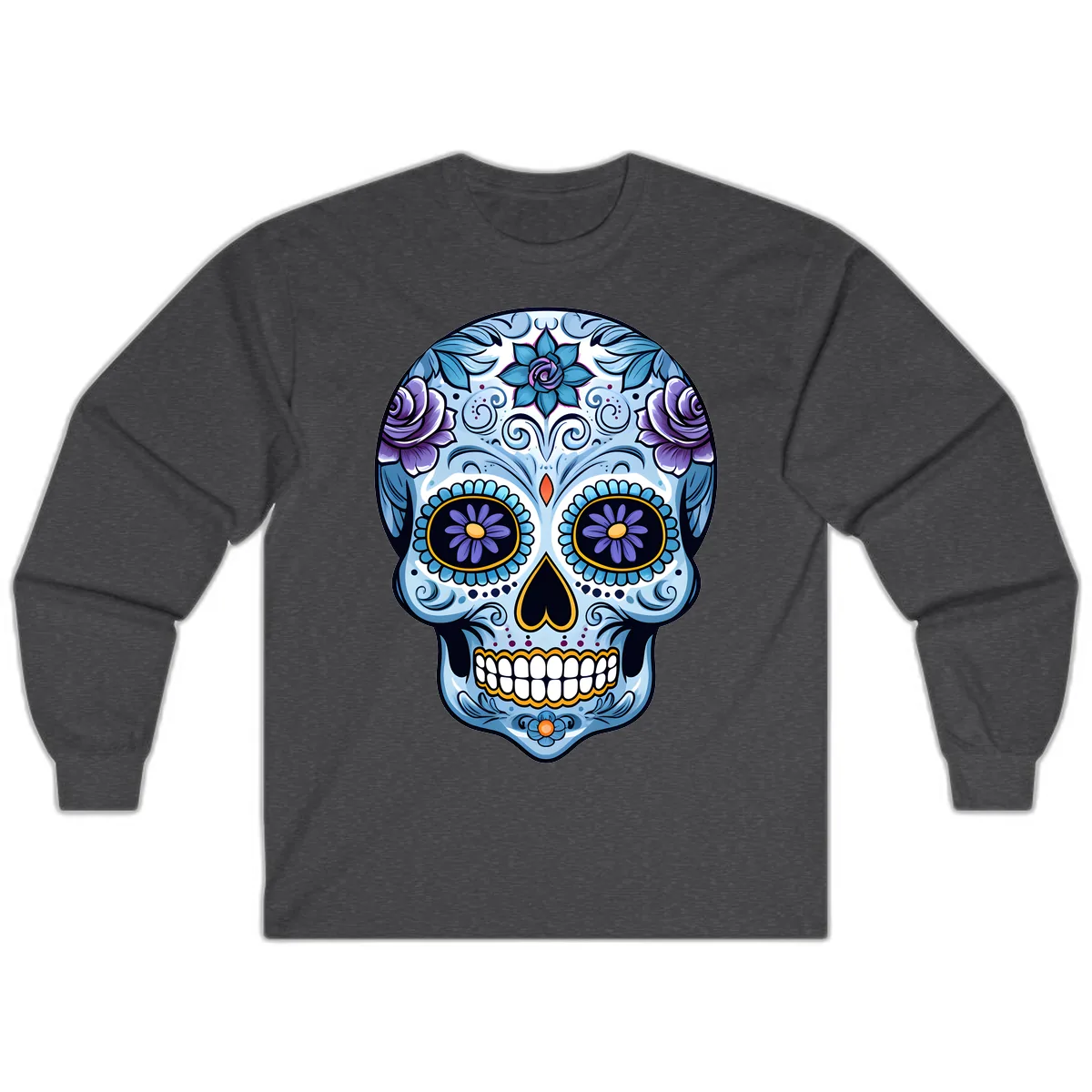 Ornate Blue and Purple Floral Calavera Sugar Skull Long Sleeve in Dark Heather