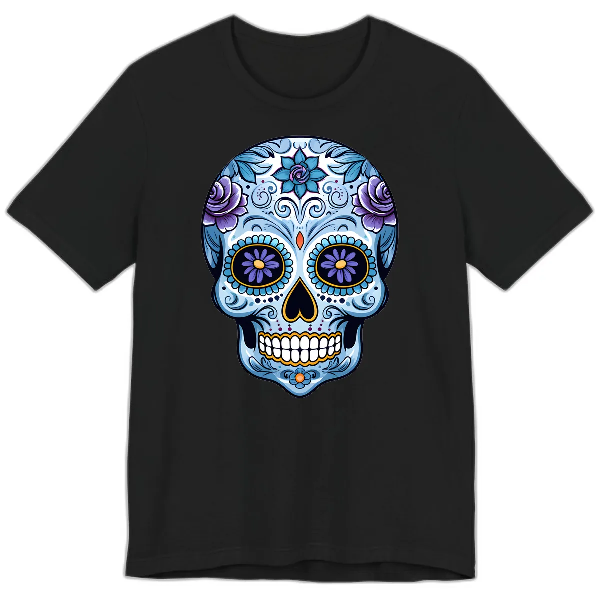 Ornate Blue and Purple Floral Calavera Sugar Skull Premium T-Shirt in Black