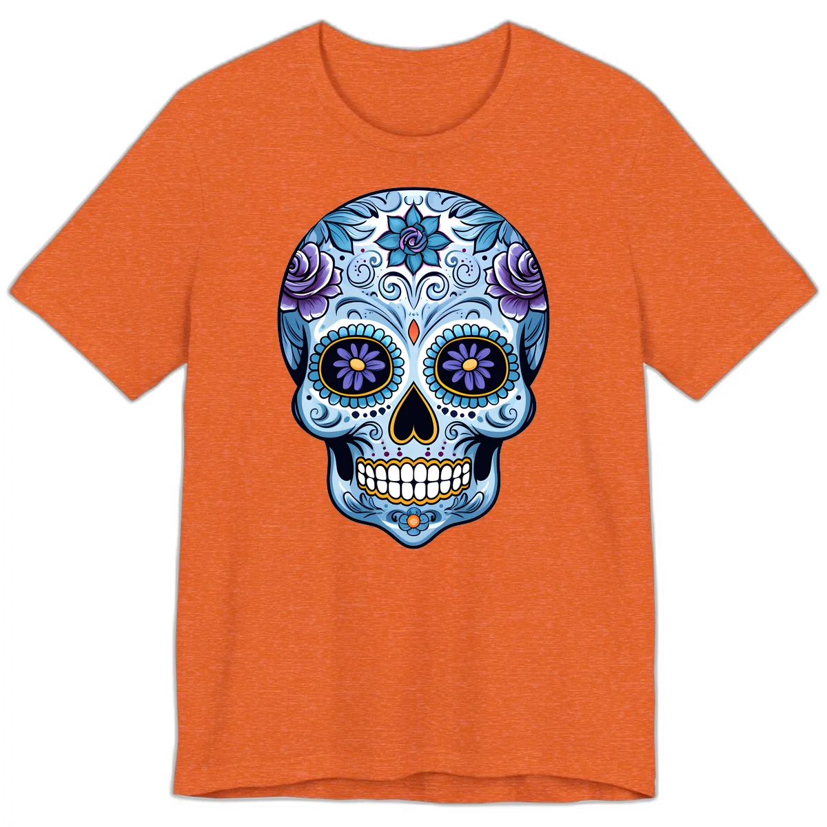 Ornate Blue and Purple Floral Calavera Sugar Skull Premium T-Shirt in Heather Orange