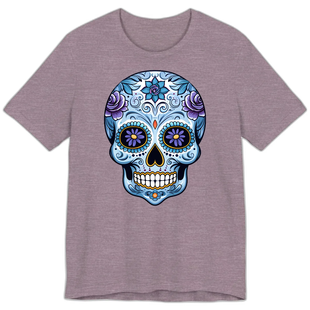 Ornate Blue and Purple Floral Calavera Sugar Skull Premium T-Shirt in Heather Purple