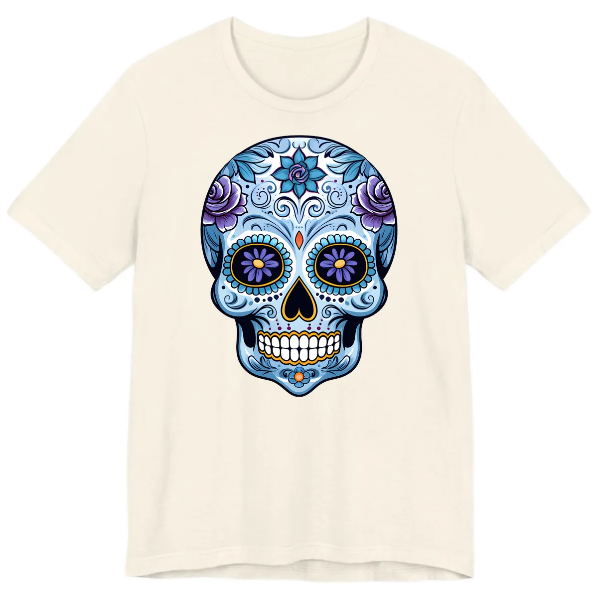 Ornate Blue and Purple Floral Calavera Sugar Skull Premium T-Shirt in Natural