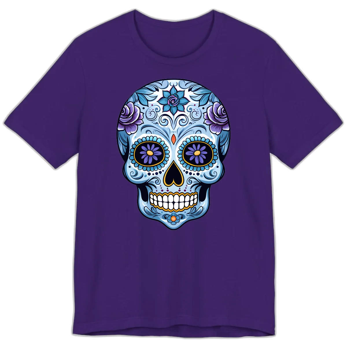 Ornate Blue and Purple Floral Calavera Sugar Skull Premium T-Shirt in Team Purple