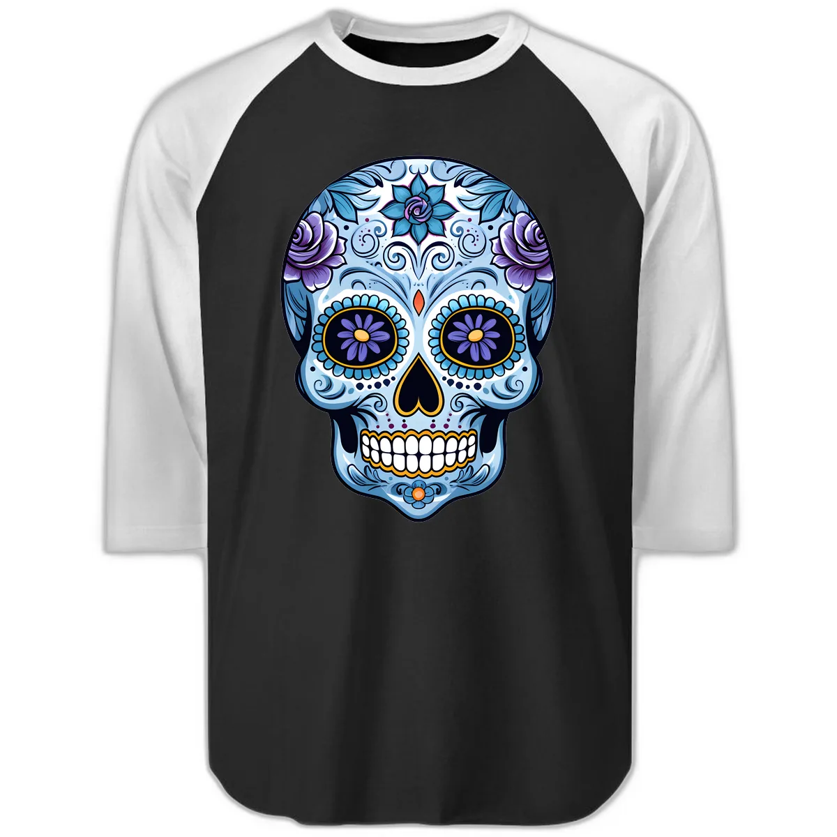 Ornate Blue and Purple Floral Calavera Sugar Skull Raglan 3/4 in Black White