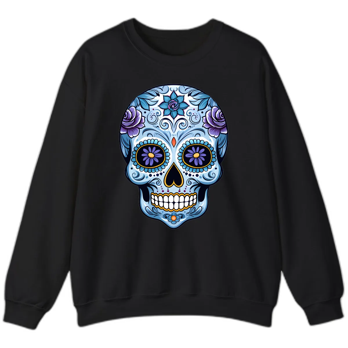 Ornate Blue and Purple Floral Calavera Sugar Skull Sweatshirt in Black
