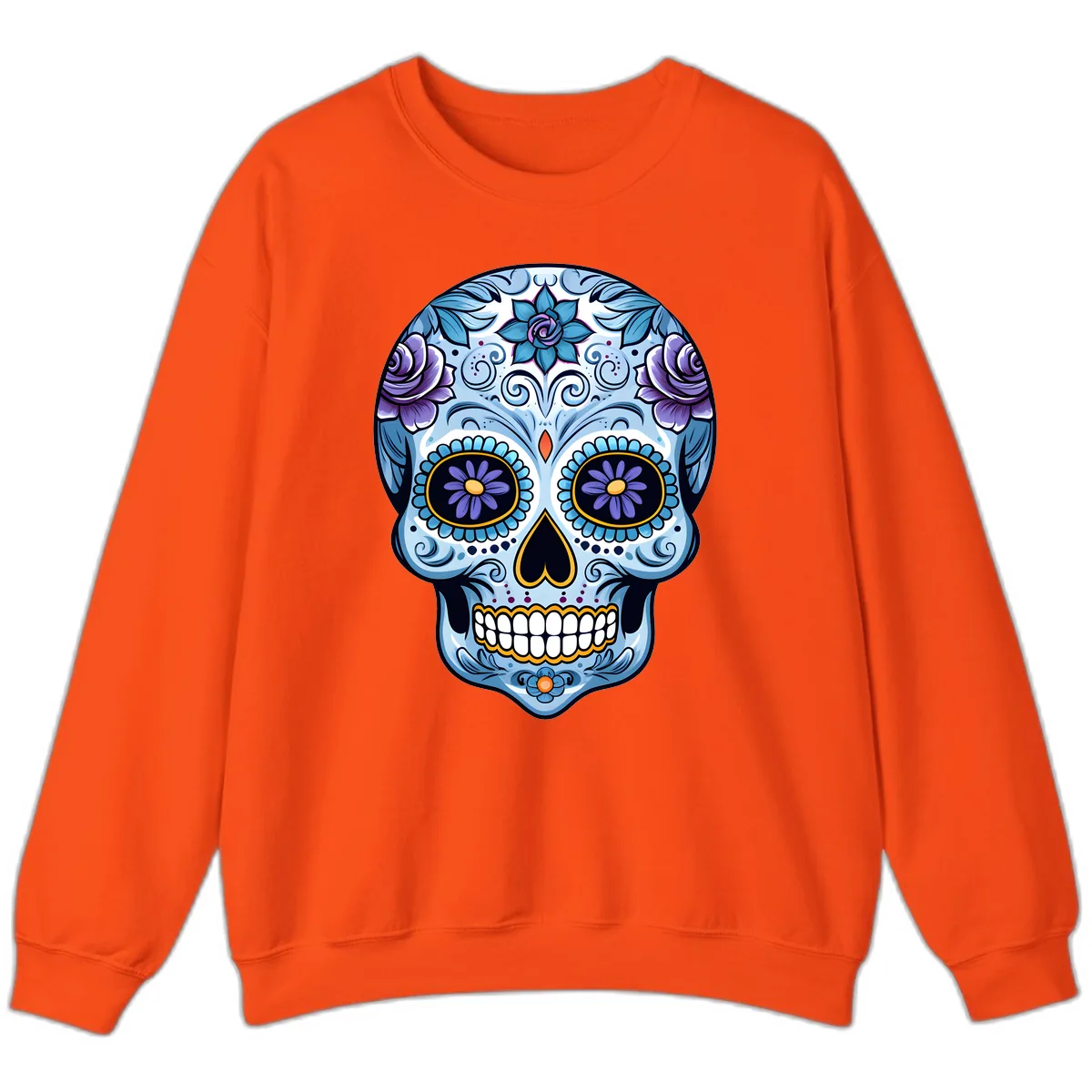 Ornate Blue and Purple Floral Calavera Sugar Skull Sweatshirt in Orange