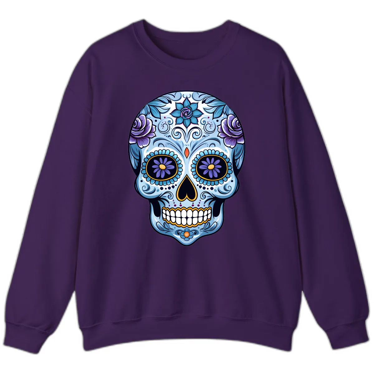 Ornate Blue and Purple Floral Calavera Sugar Skull Sweatshirt in Purple