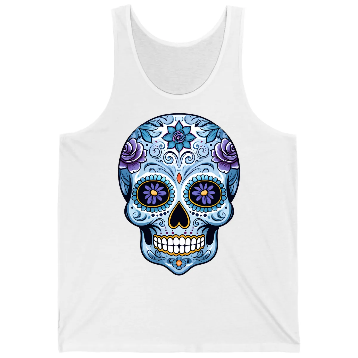 Ornate Blue and Purple Floral Calavera Sugar Skull Tank in White
