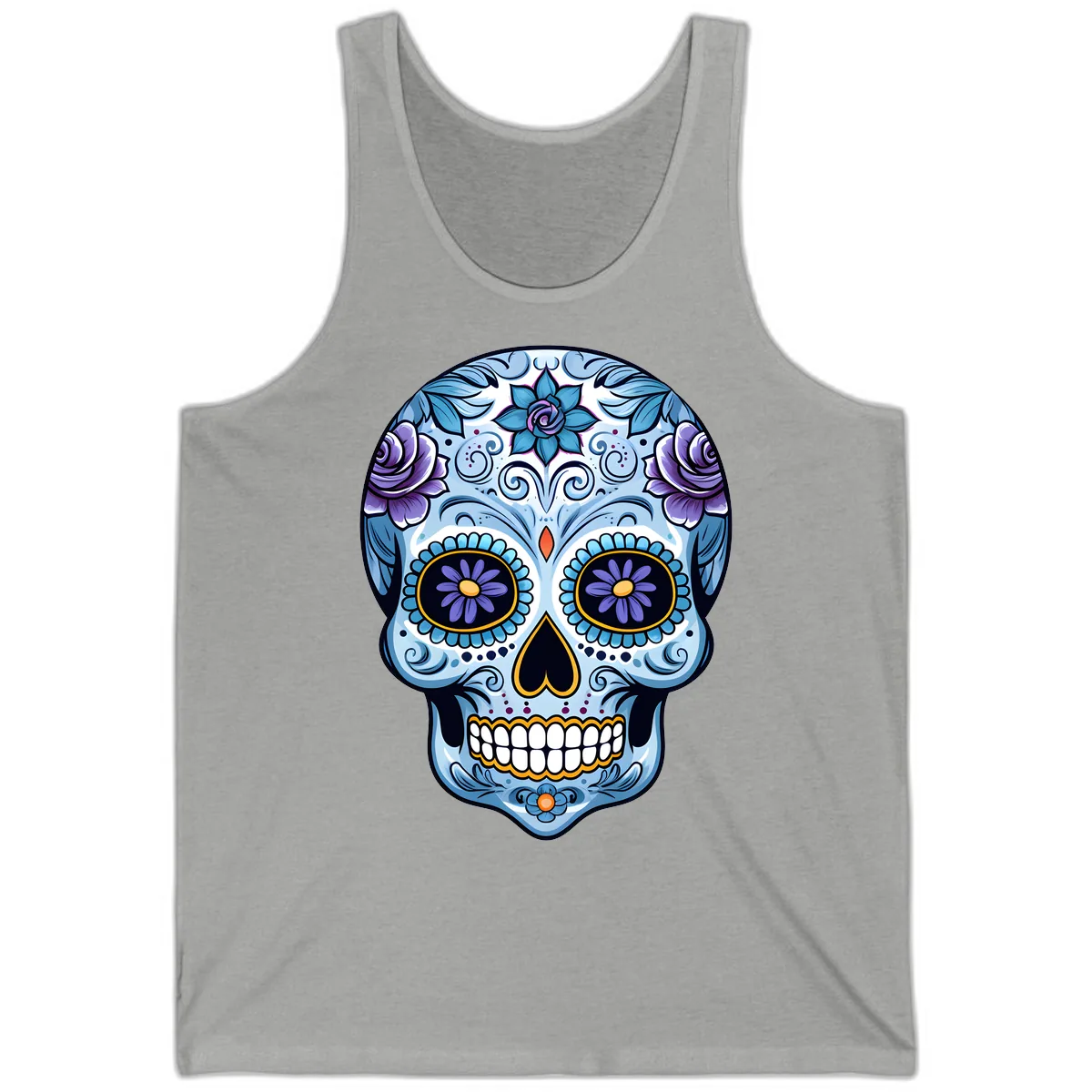 Ornate Blue and Purple Floral Calavera Sugar Skull Tank in Athletic Heather