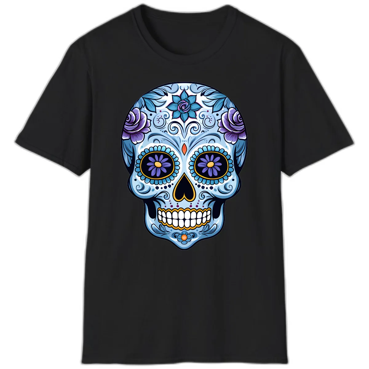 Ornate Blue and Purple Floral Calavera Sugar Skull T-Shirt in Black