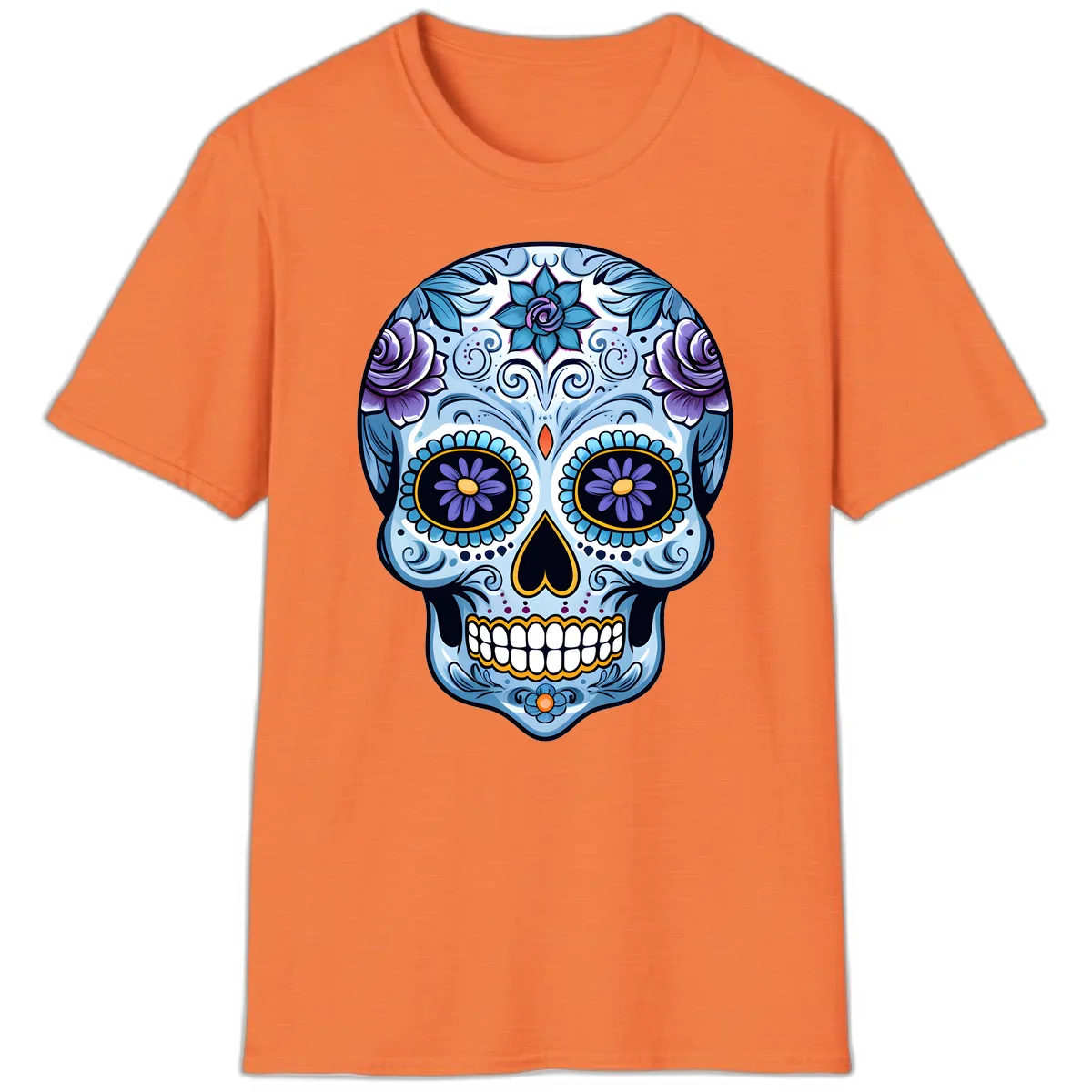 Ornate Blue and Purple Floral Calavera Sugar Skull T-Shirt in Heather Orange