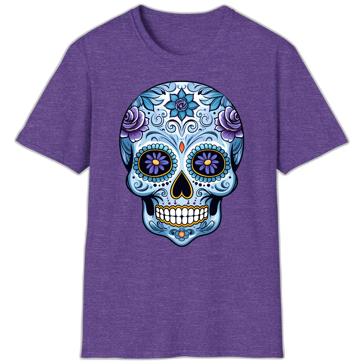 Ornate Blue and Purple Floral Calavera Sugar Skull T-Shirt in Heather Purple
