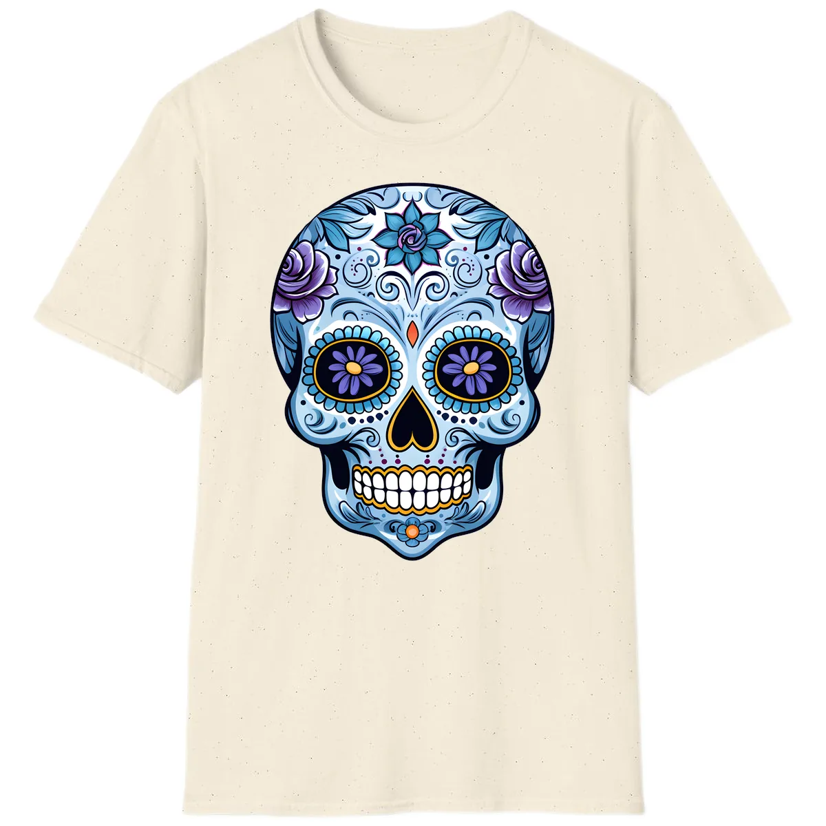 Ornate Blue and Purple Floral Calavera Sugar Skull T-Shirt in Natural