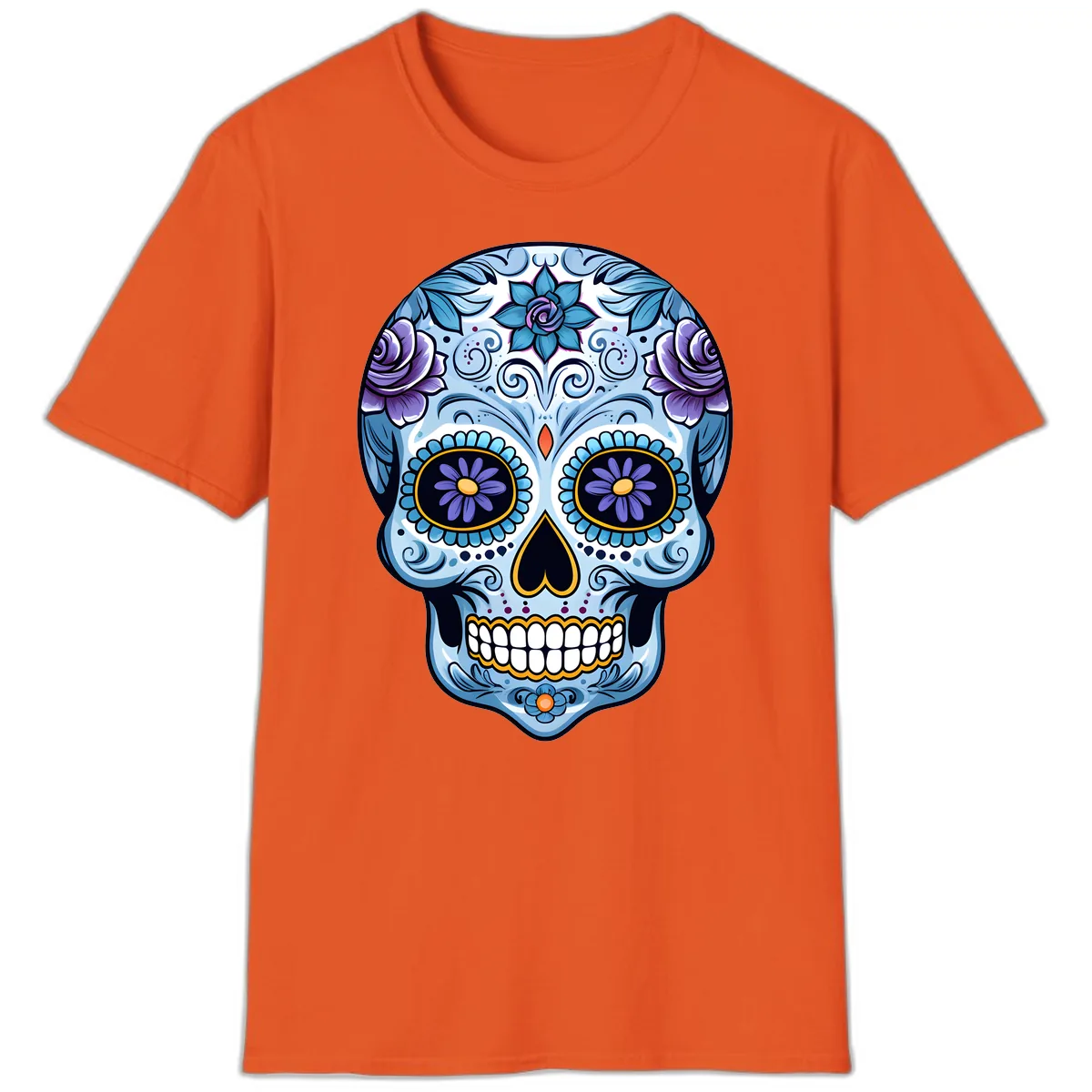 Ornate Blue and Purple Floral Calavera Sugar Skull T-Shirt in Orange