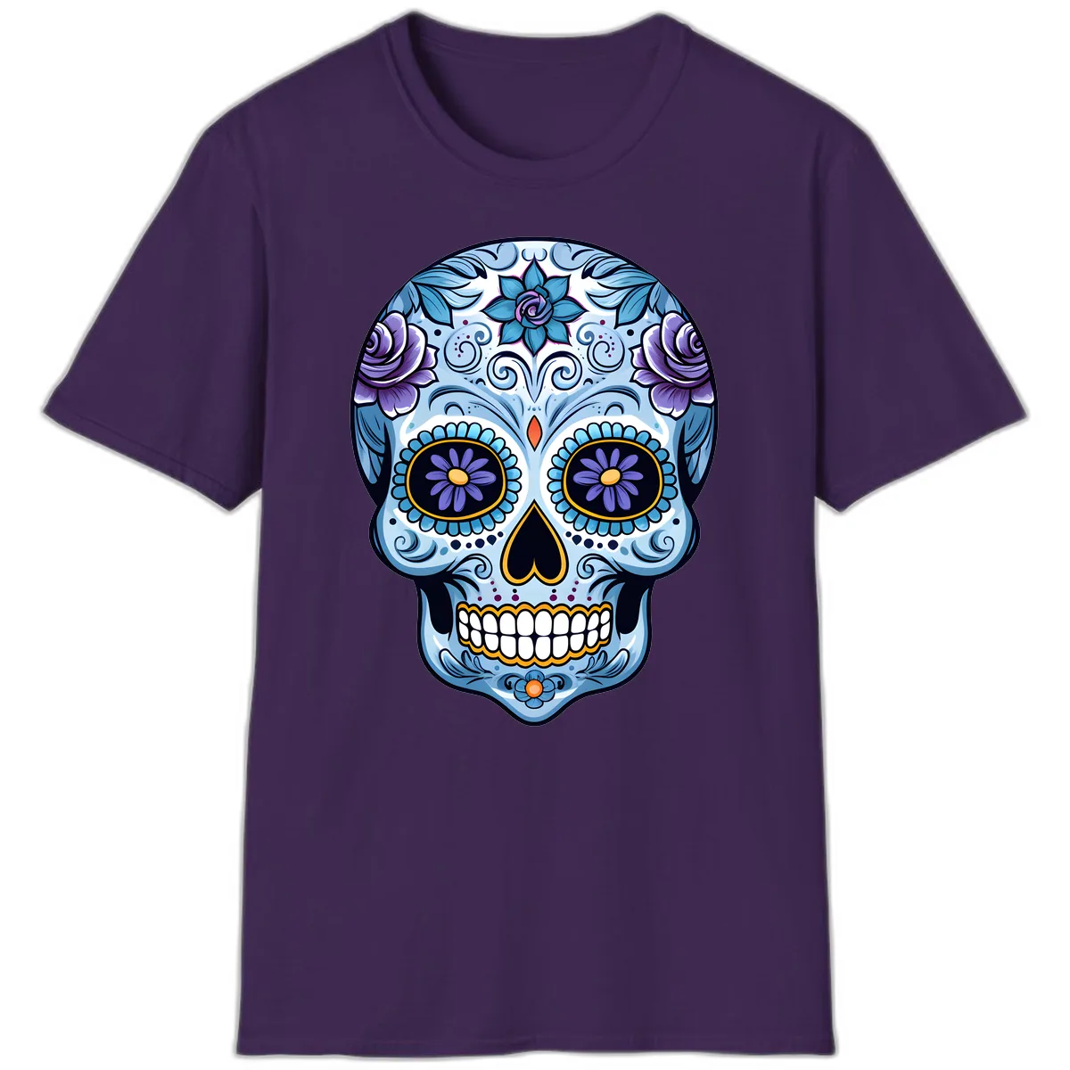 Ornate Blue and Purple Floral Calavera Sugar Skull T-Shirt in Purple