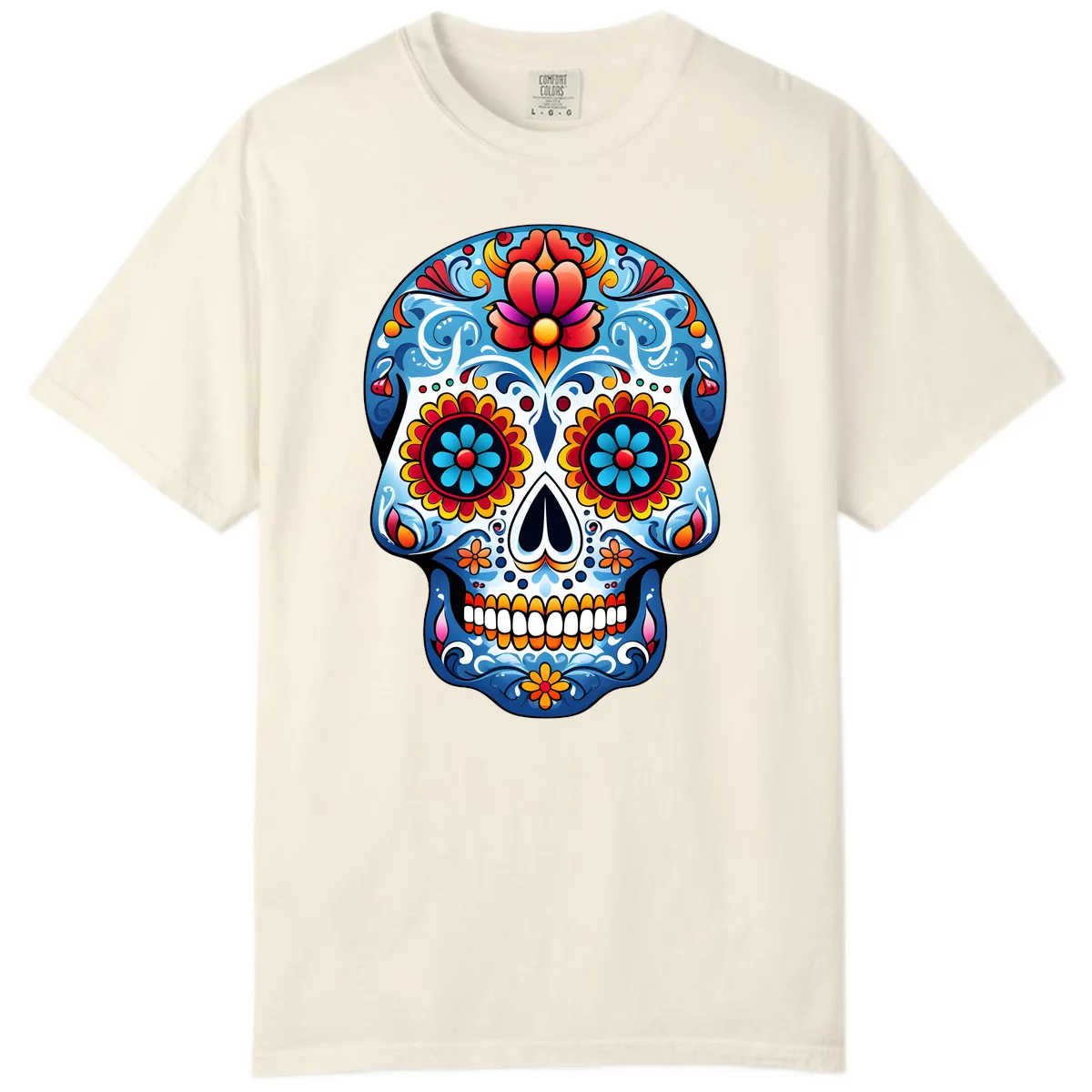 Vibrant Floral Calavera Sugar Skull Art Comfort Color in Ivory