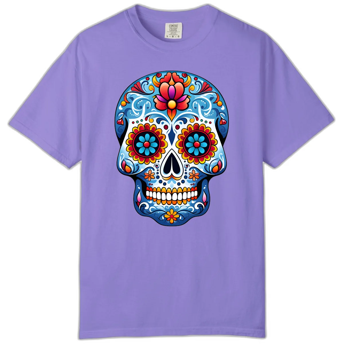 Vibrant Floral Calavera Sugar Skull Art Comfort Color in Violet