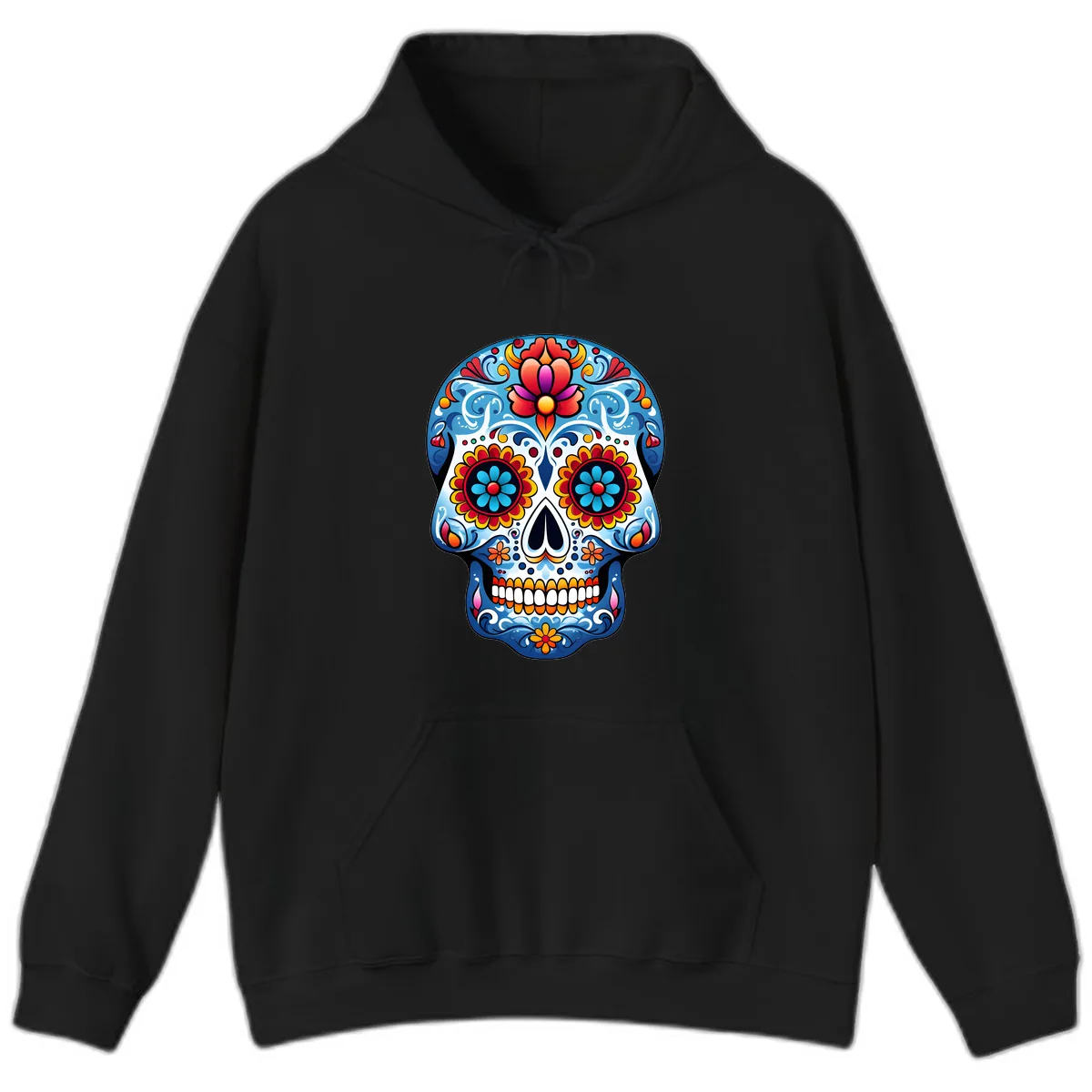 Vibrant Floral Calavera Sugar Skull Art Hoodie in Black