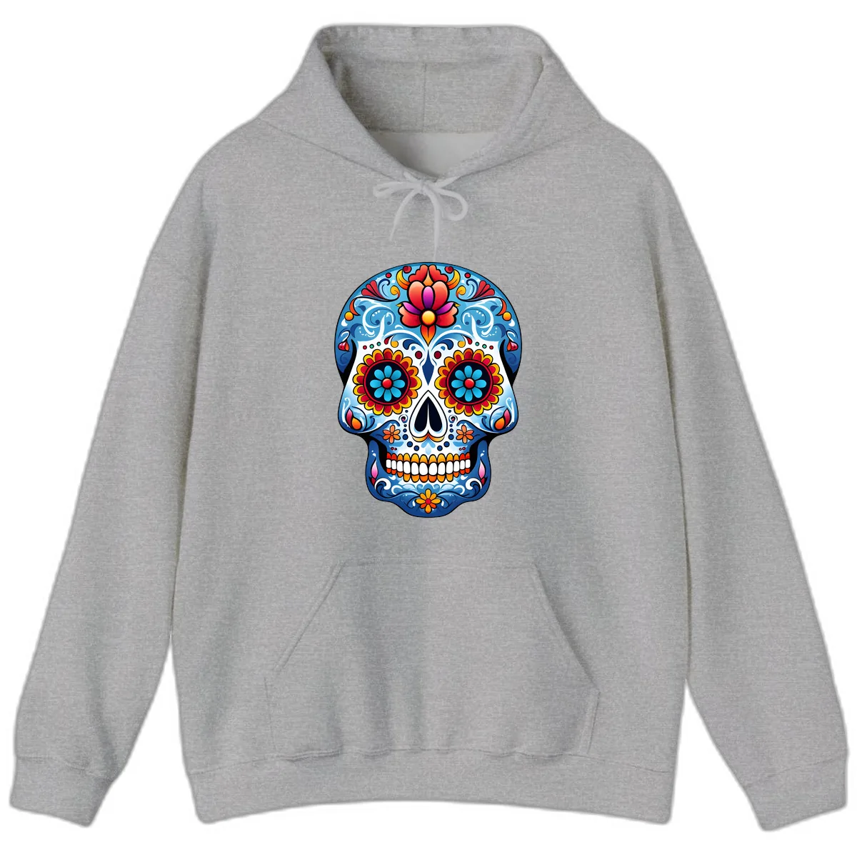 Vibrant Floral Calavera Sugar Skull Art Hoodie in Sport Grey