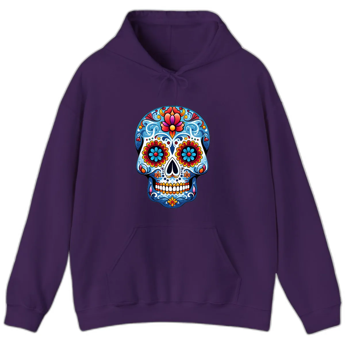 Vibrant Floral Calavera Sugar Skull Art Hoodie in Purple