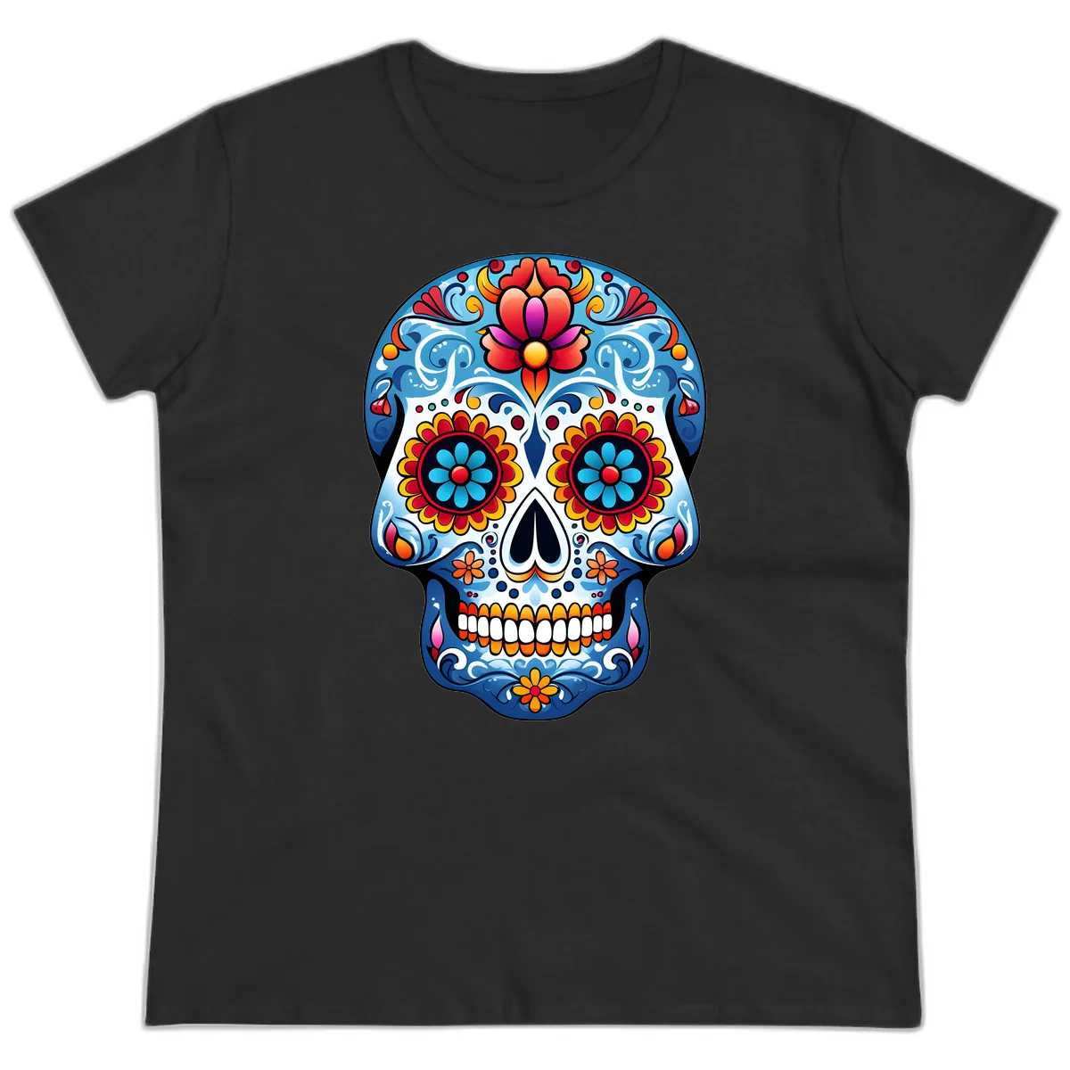 Vibrant Floral Calavera Sugar Skull Art Ladies Tee in Black