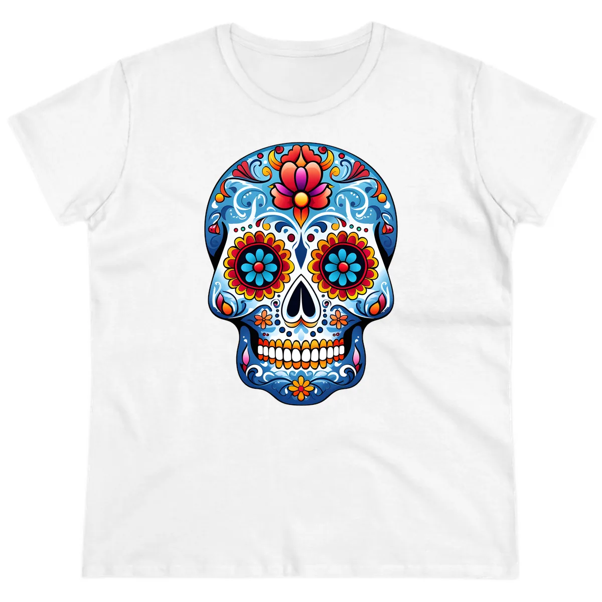 Vibrant Floral Calavera Sugar Skull Art Ladies Tee in White