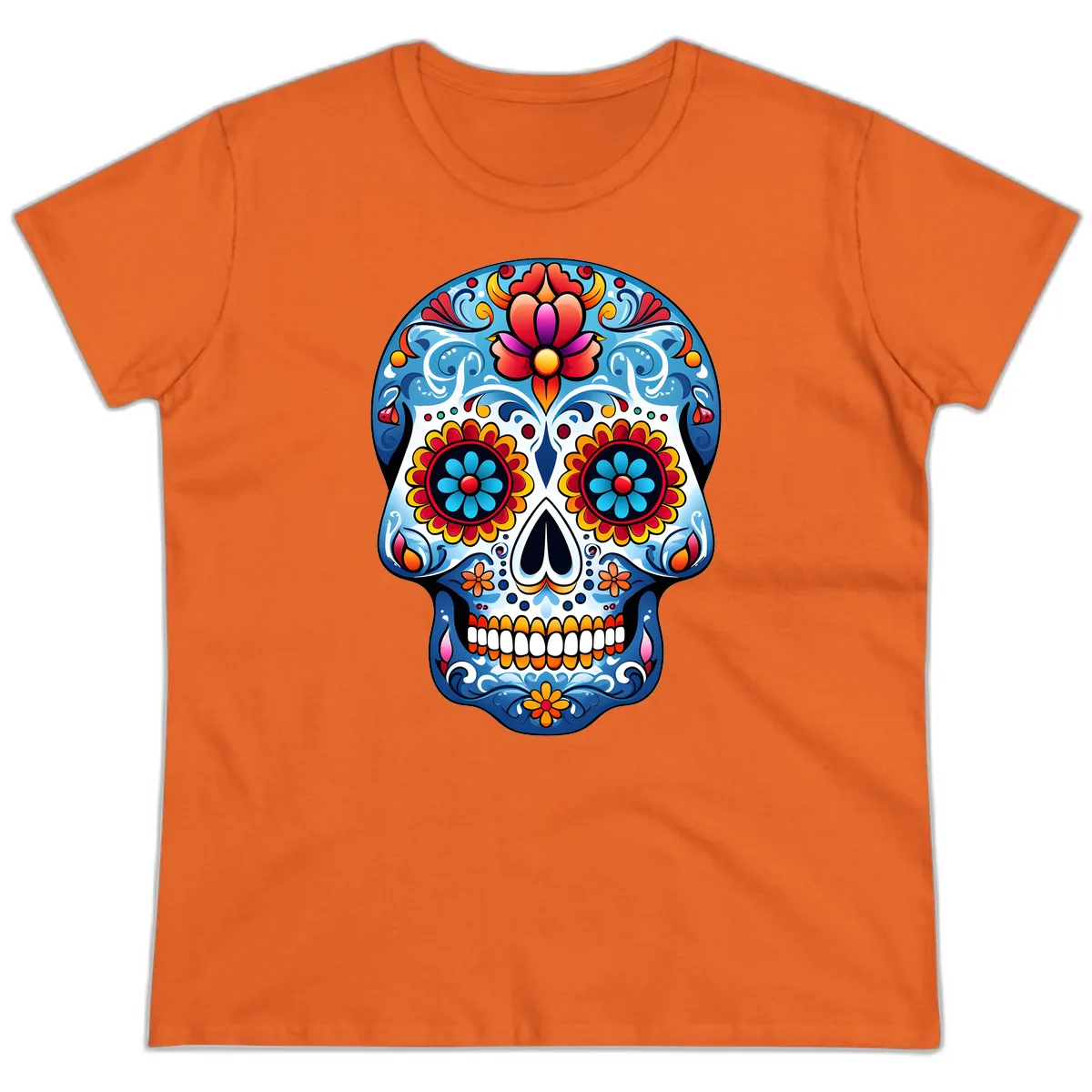 Vibrant Floral Calavera Sugar Skull Art Ladies Tee in Orange
