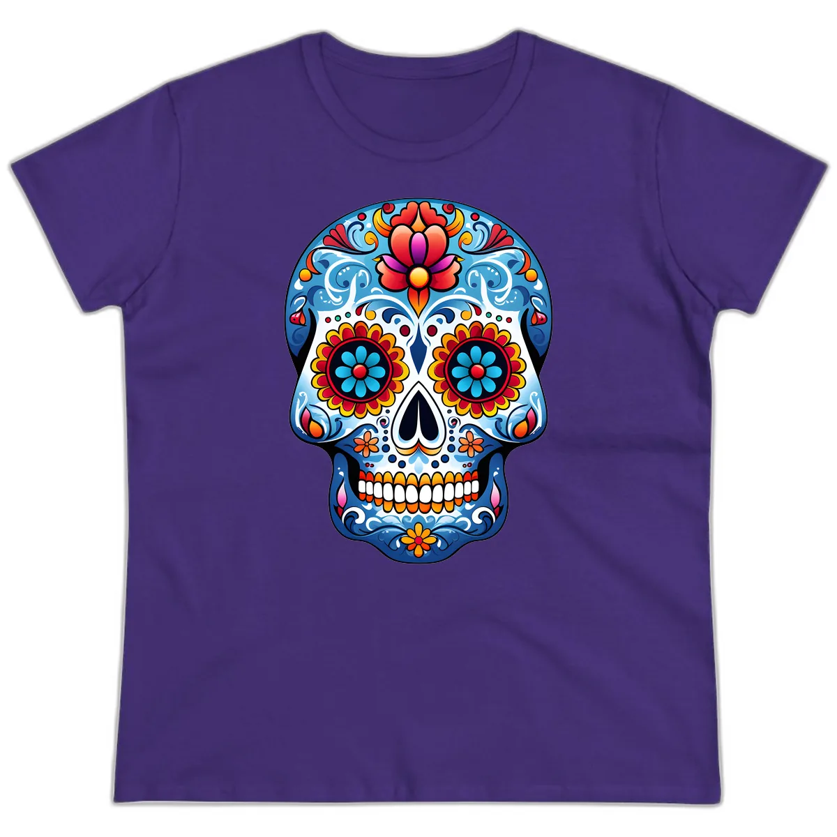 Vibrant Floral Calavera Sugar Skull Art Ladies Tee in Purple