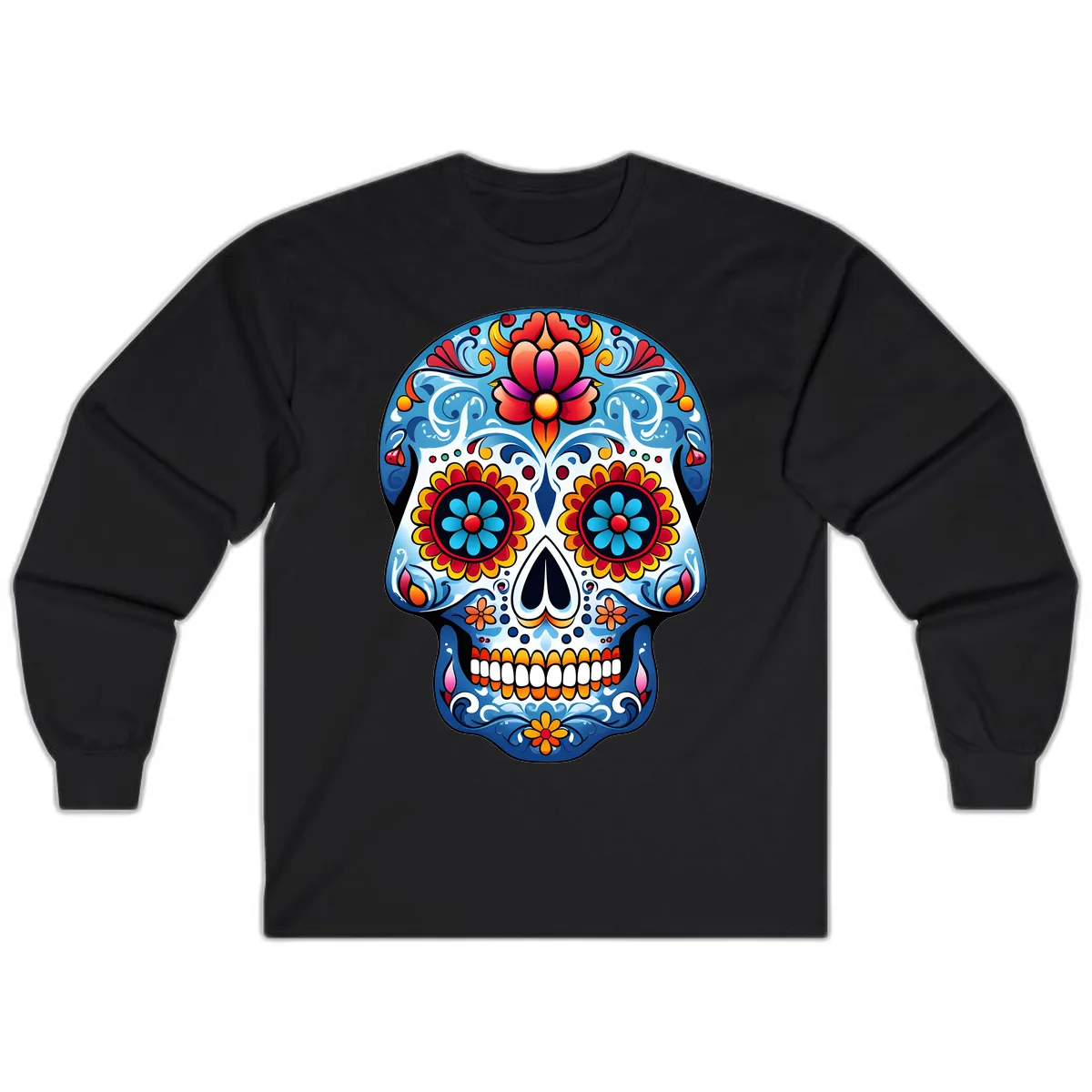 Vibrant Floral Calavera Sugar Skull Art Long Sleeve in Black