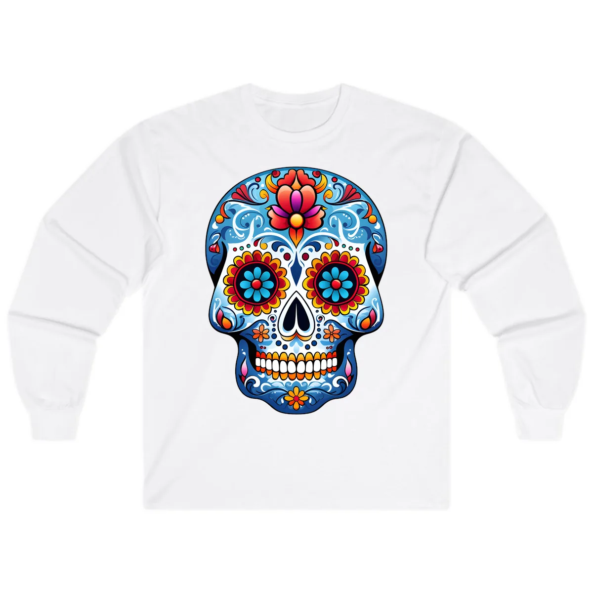 Vibrant Floral Calavera Sugar Skull Art Long Sleeve in White