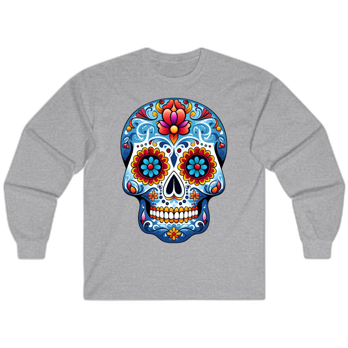 Vibrant Floral Calavera Sugar Skull Art Long Sleeve in Sport Grey