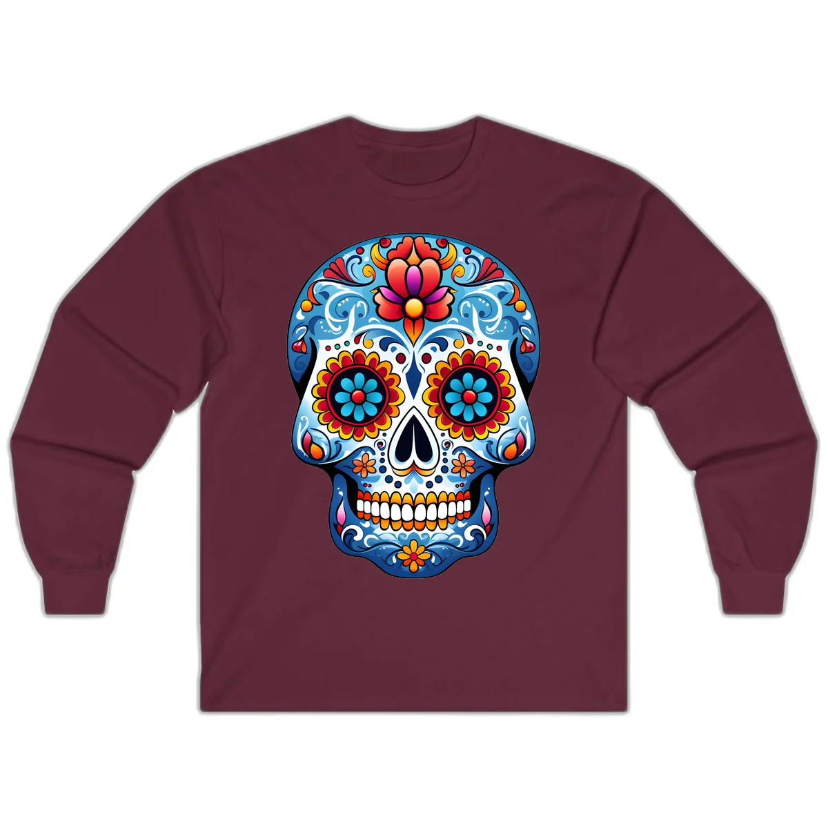 Vibrant Floral Calavera Sugar Skull Art Long Sleeve in Maroon