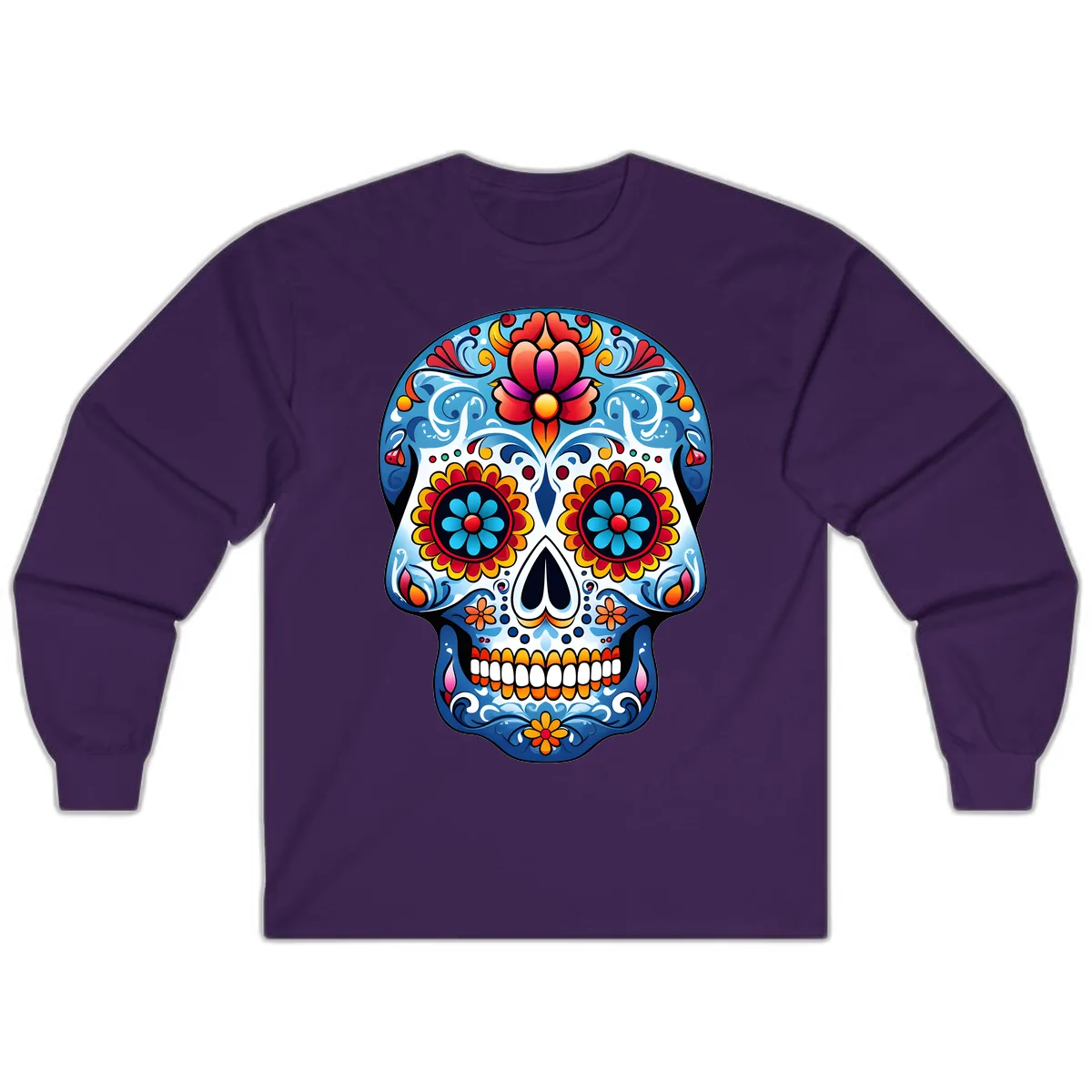 Vibrant Floral Calavera Sugar Skull Art Long Sleeve in Purple