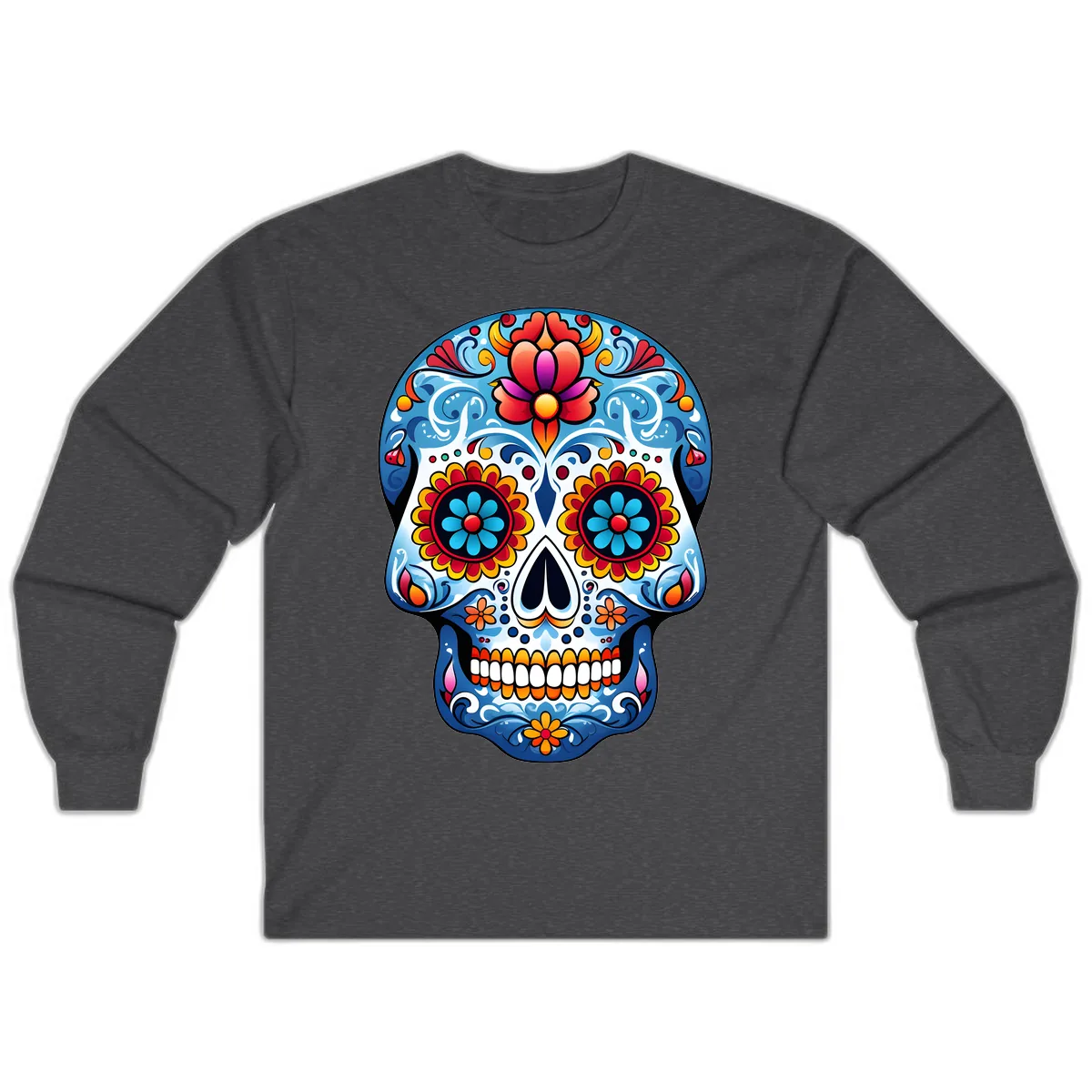 Vibrant Floral Calavera Sugar Skull Art Long Sleeve in Dark Heather