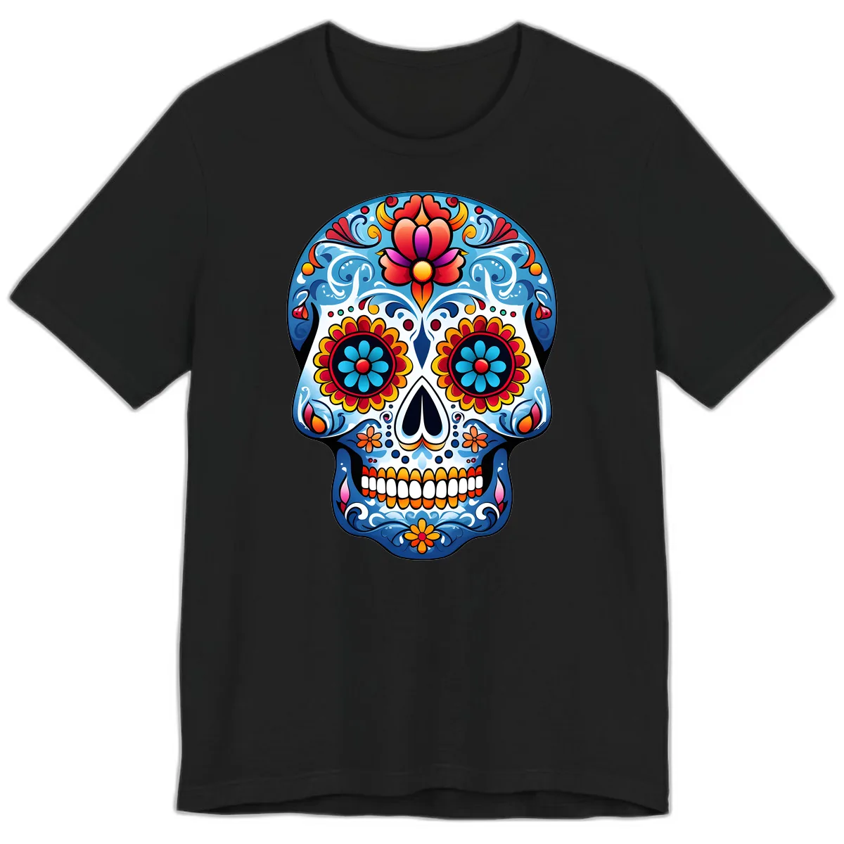 Vibrant Floral Calavera Sugar Skull Art Premium T-Shirt in Black