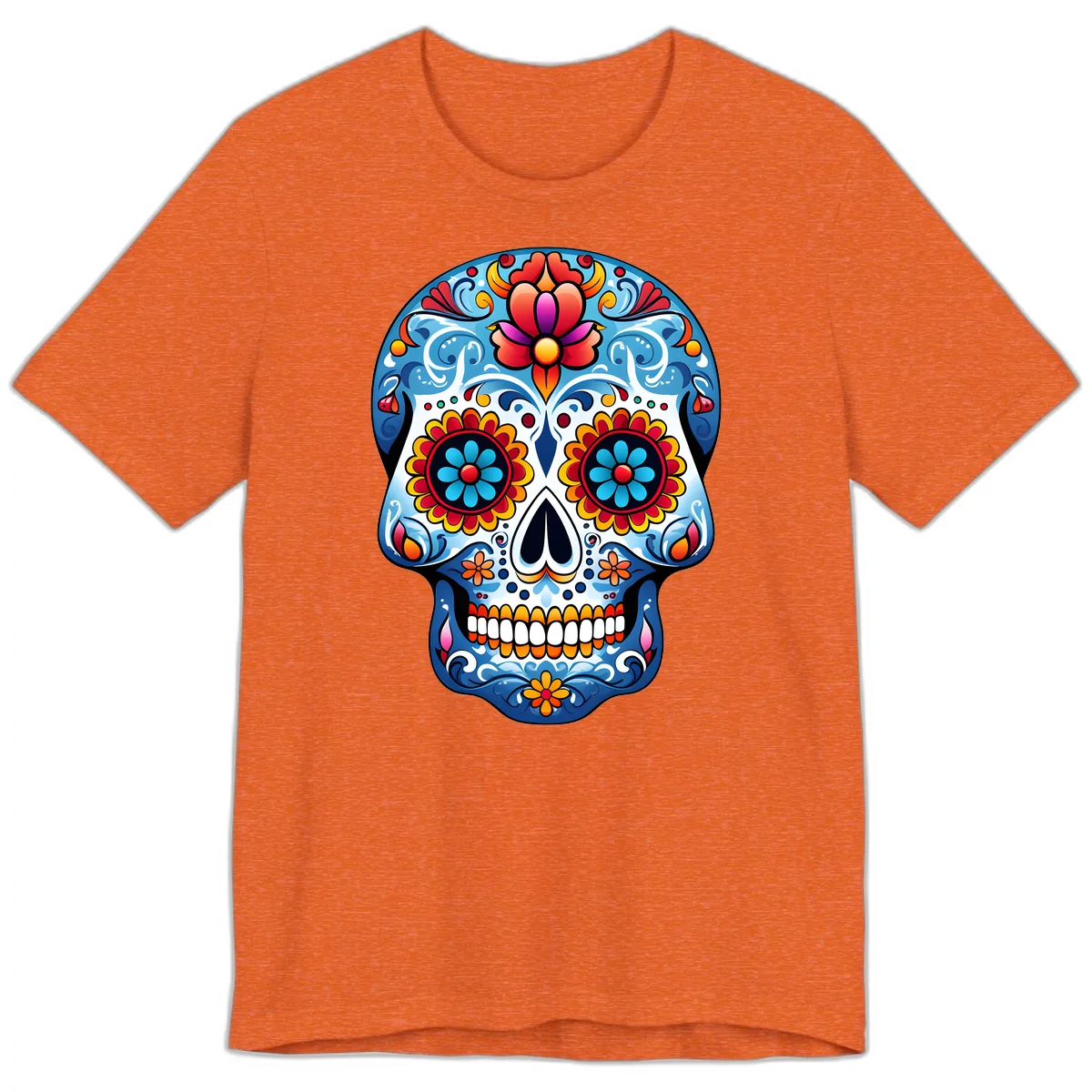 Vibrant Floral Calavera Sugar Skull Art Premium T-Shirt in Heather Orange