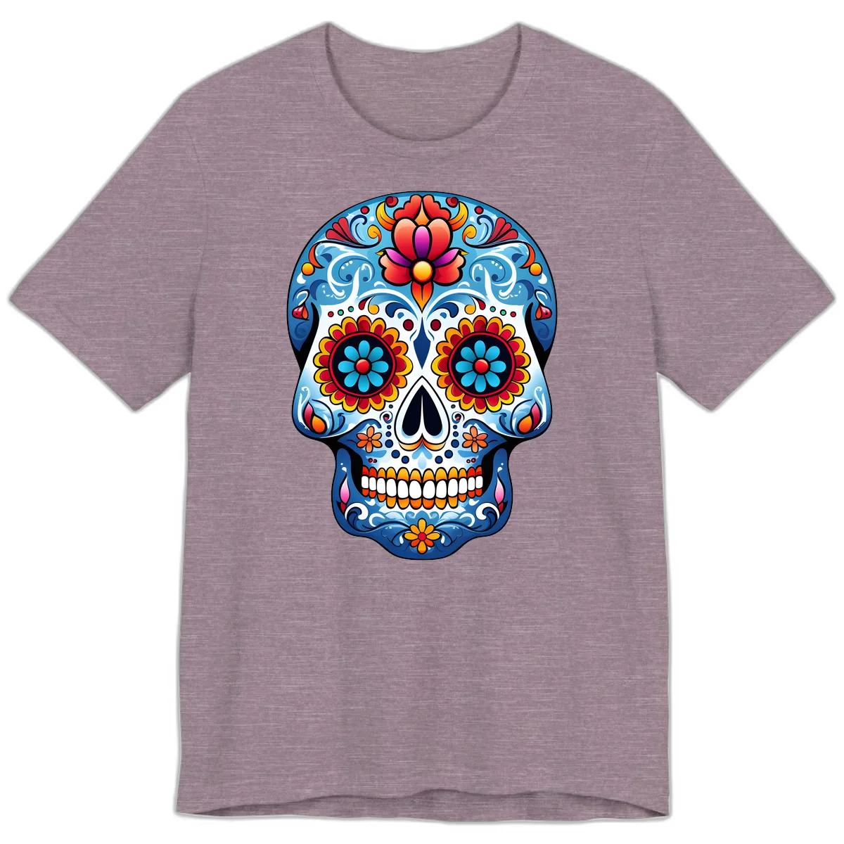 Vibrant Floral Calavera Sugar Skull Art Premium T-Shirt in Heather Purple