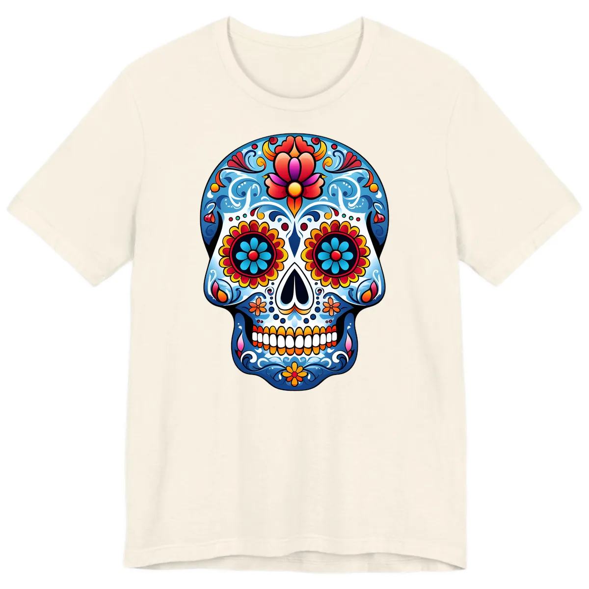 Vibrant Floral Calavera Sugar Skull Art Premium T-Shirt in Natural