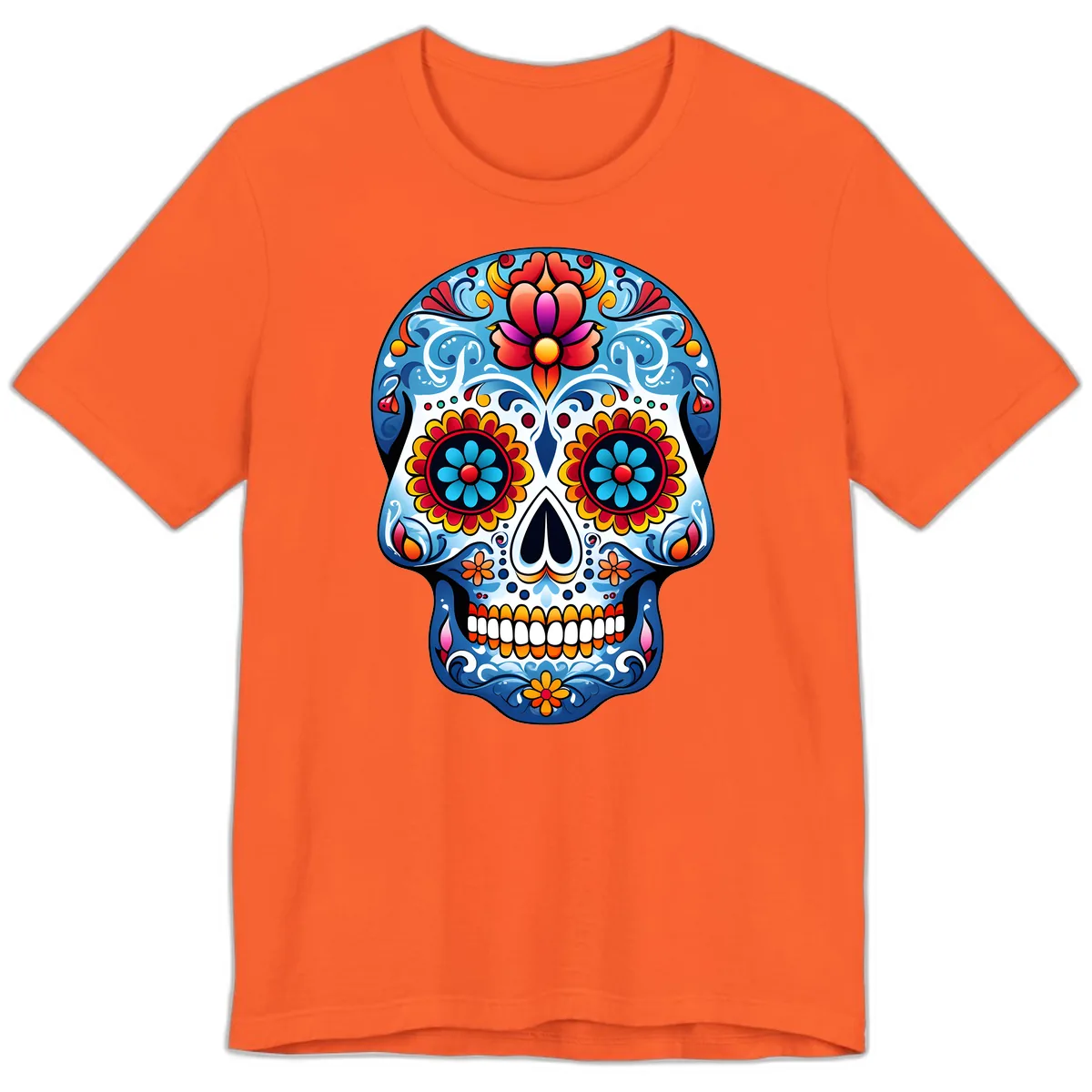 Vibrant Floral Calavera Sugar Skull Art Premium T-Shirt in Orange