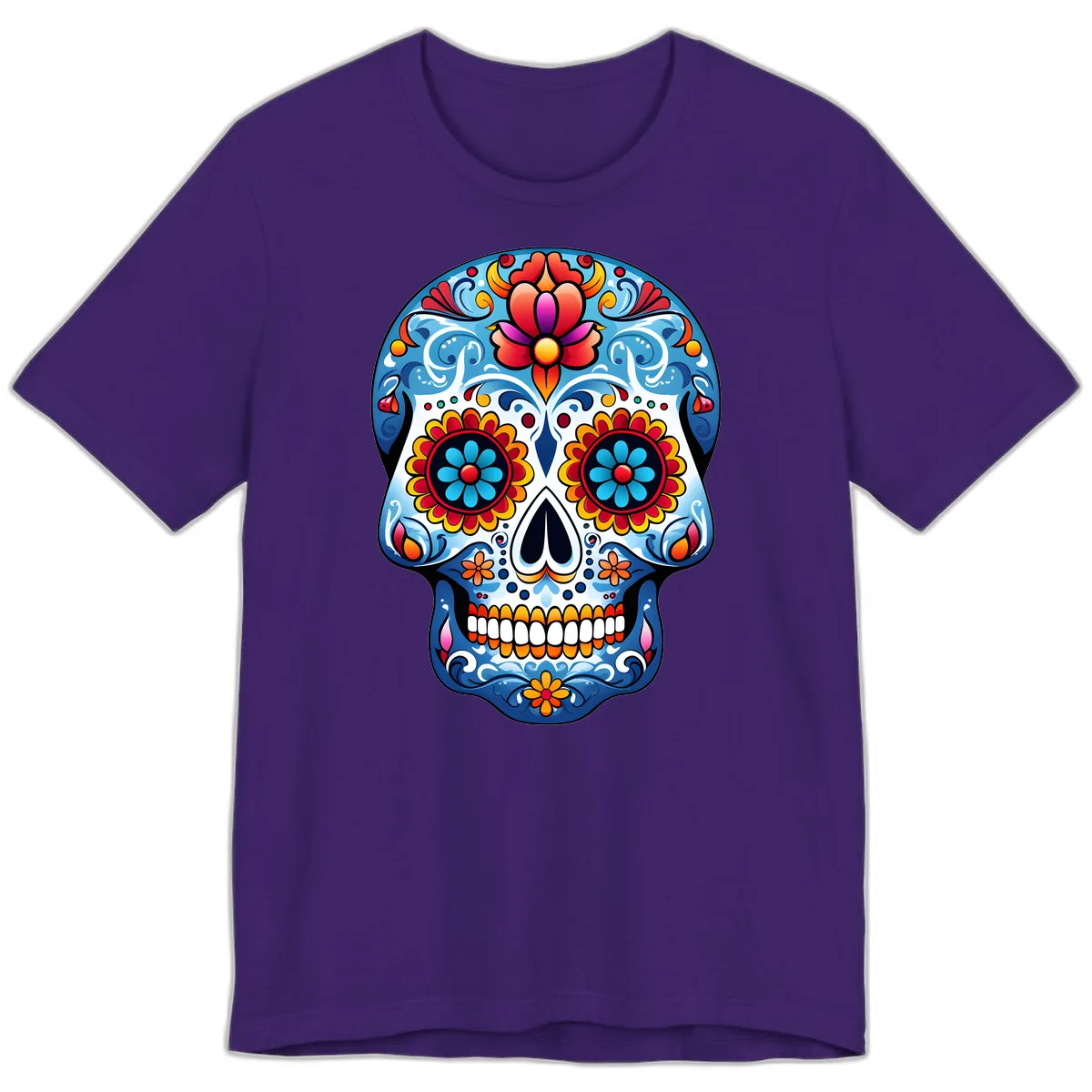 Vibrant Floral Calavera Sugar Skull Art Premium T-Shirt in Team Purple