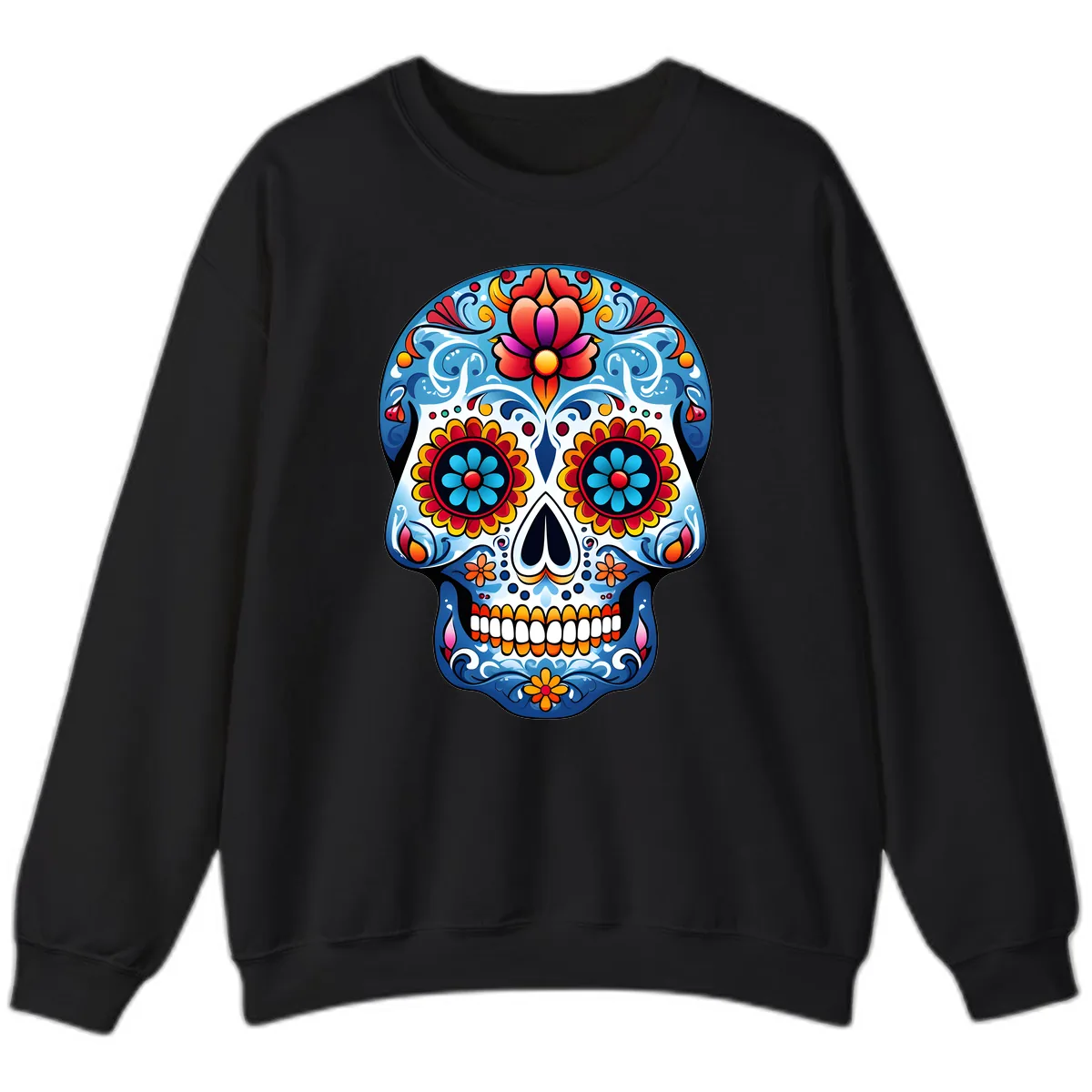 Vibrant Floral Calavera Sugar Skull Art Sweatshirt in Black