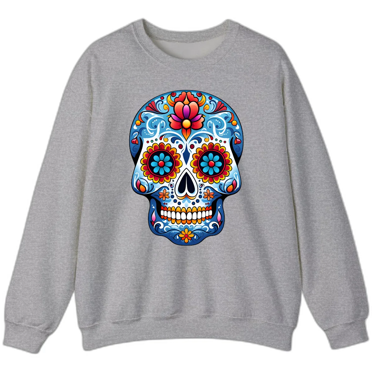 Vibrant Floral Calavera Sugar Skull Art Sweatshirt in Sport Grey