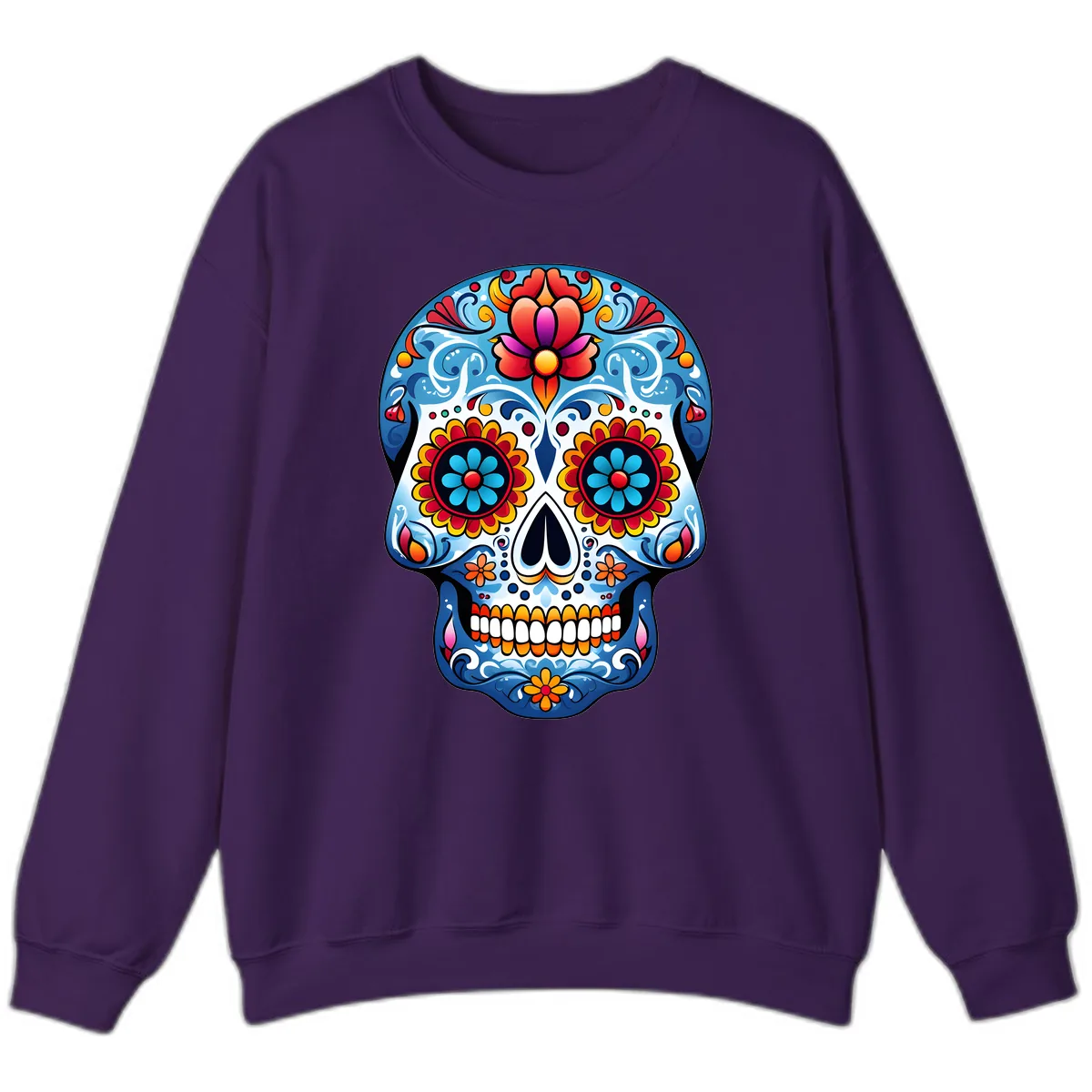 Vibrant Floral Calavera Sugar Skull Art Sweatshirt in Purple