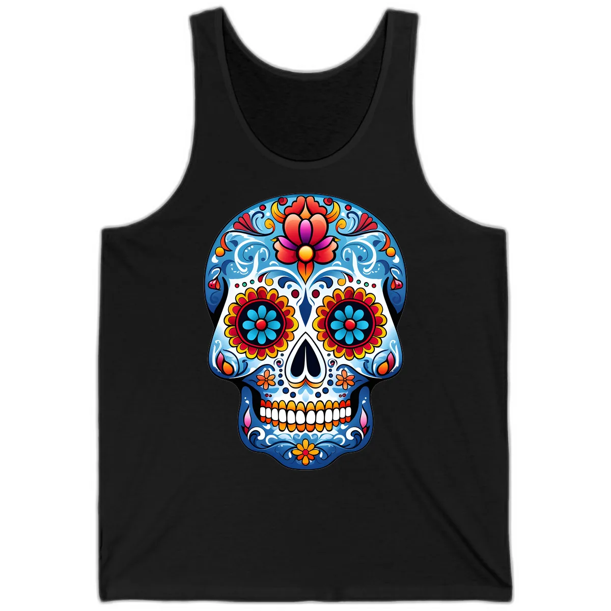 Vibrant Floral Calavera Sugar Skull Art Tank in Black