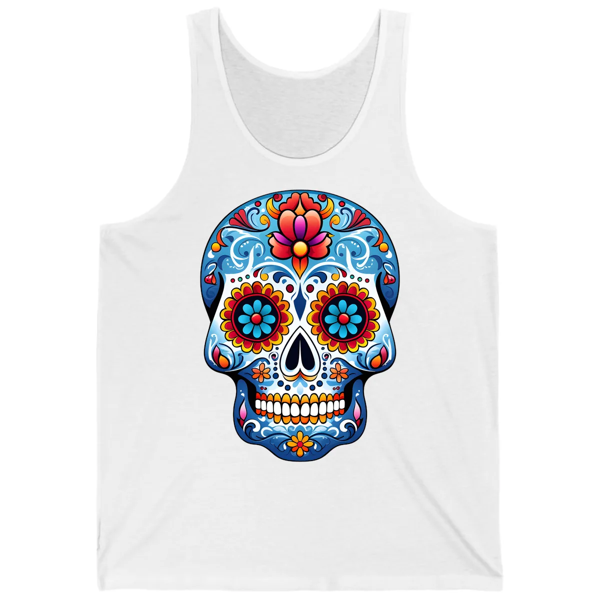 Vibrant Floral Calavera Sugar Skull Art Tank in White
