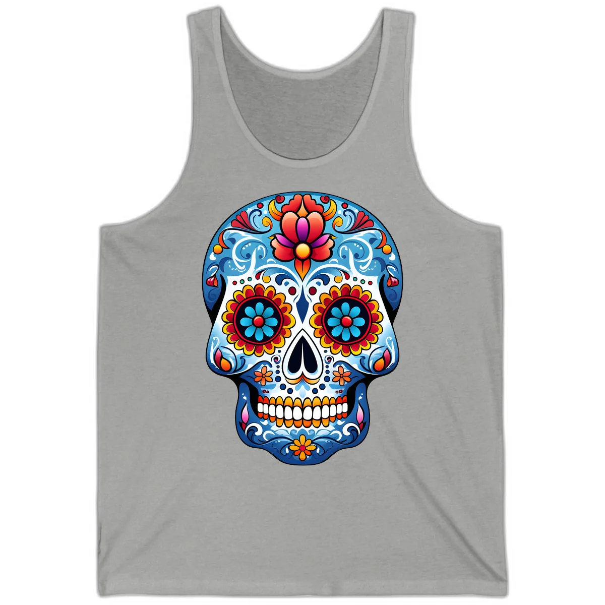 Vibrant Floral Calavera Sugar Skull Art Tank in Athletic Heather