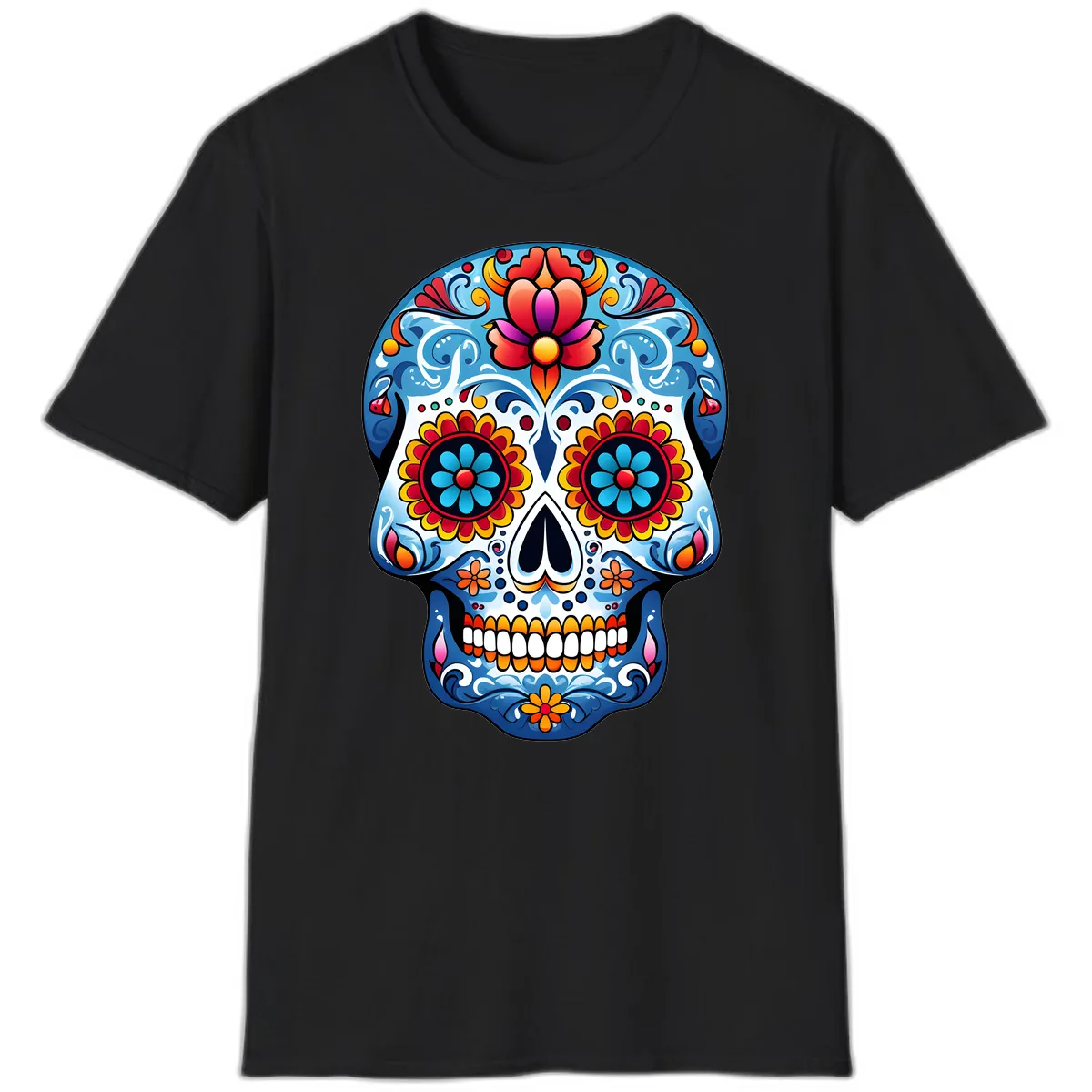 Vibrant Floral Calavera Sugar Skull Art T-Shirt in Black