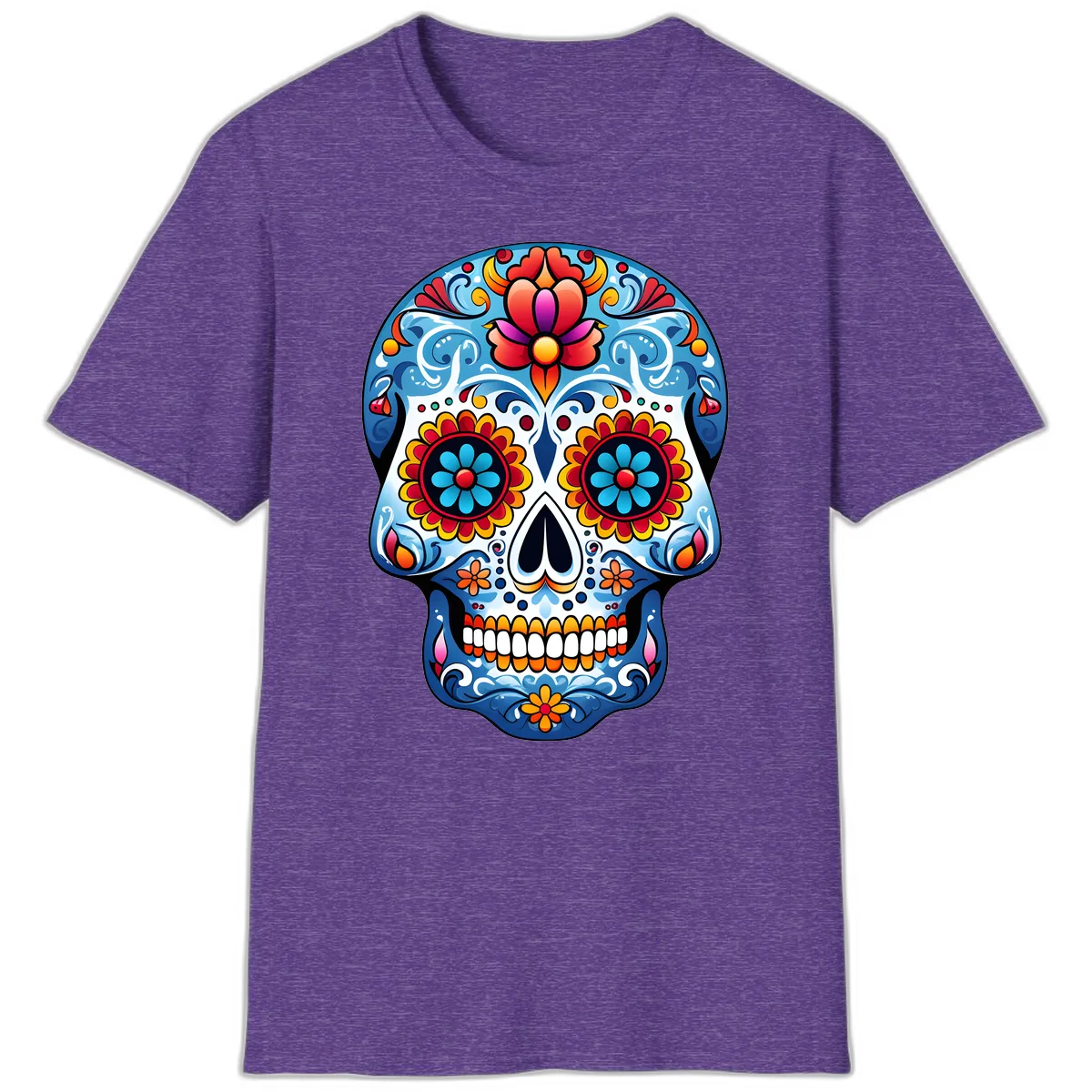 Vibrant Floral Calavera Sugar Skull Art T-Shirt in Heather Purple