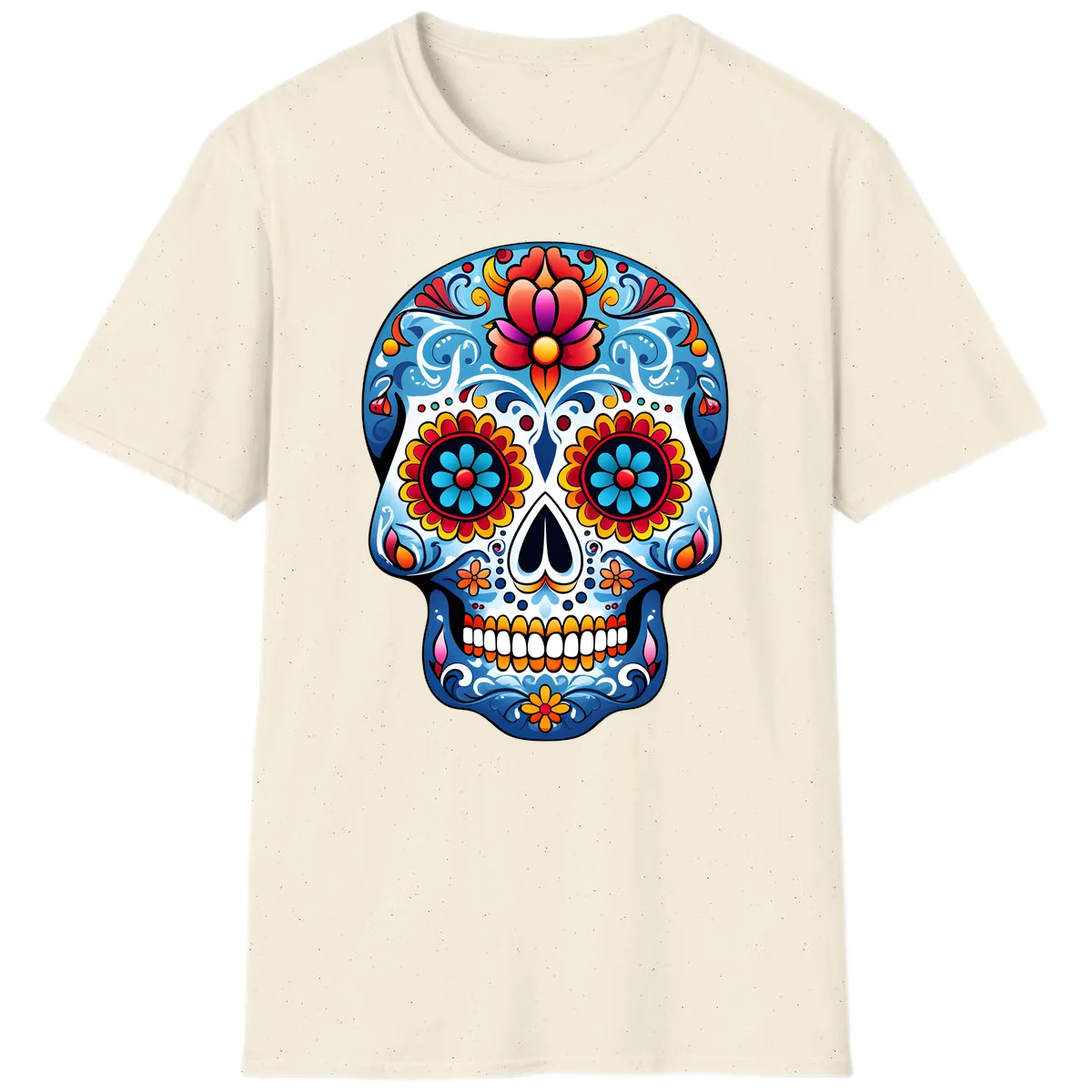 Vibrant Floral Calavera Sugar Skull Art T-Shirt in Natural