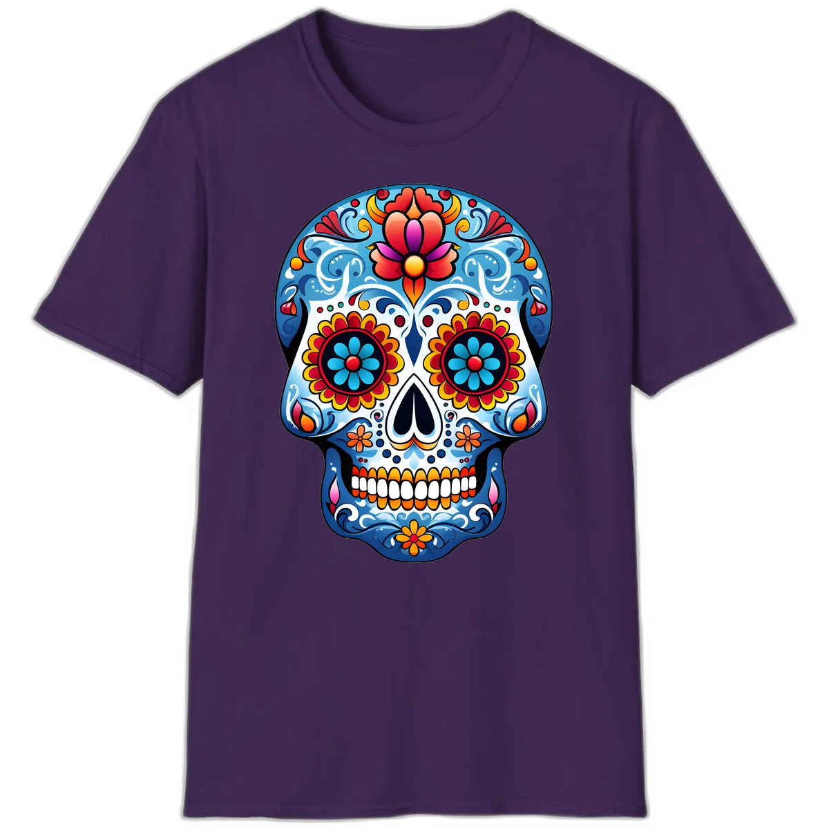 Vibrant Floral Calavera Sugar Skull Art T-Shirt in Purple